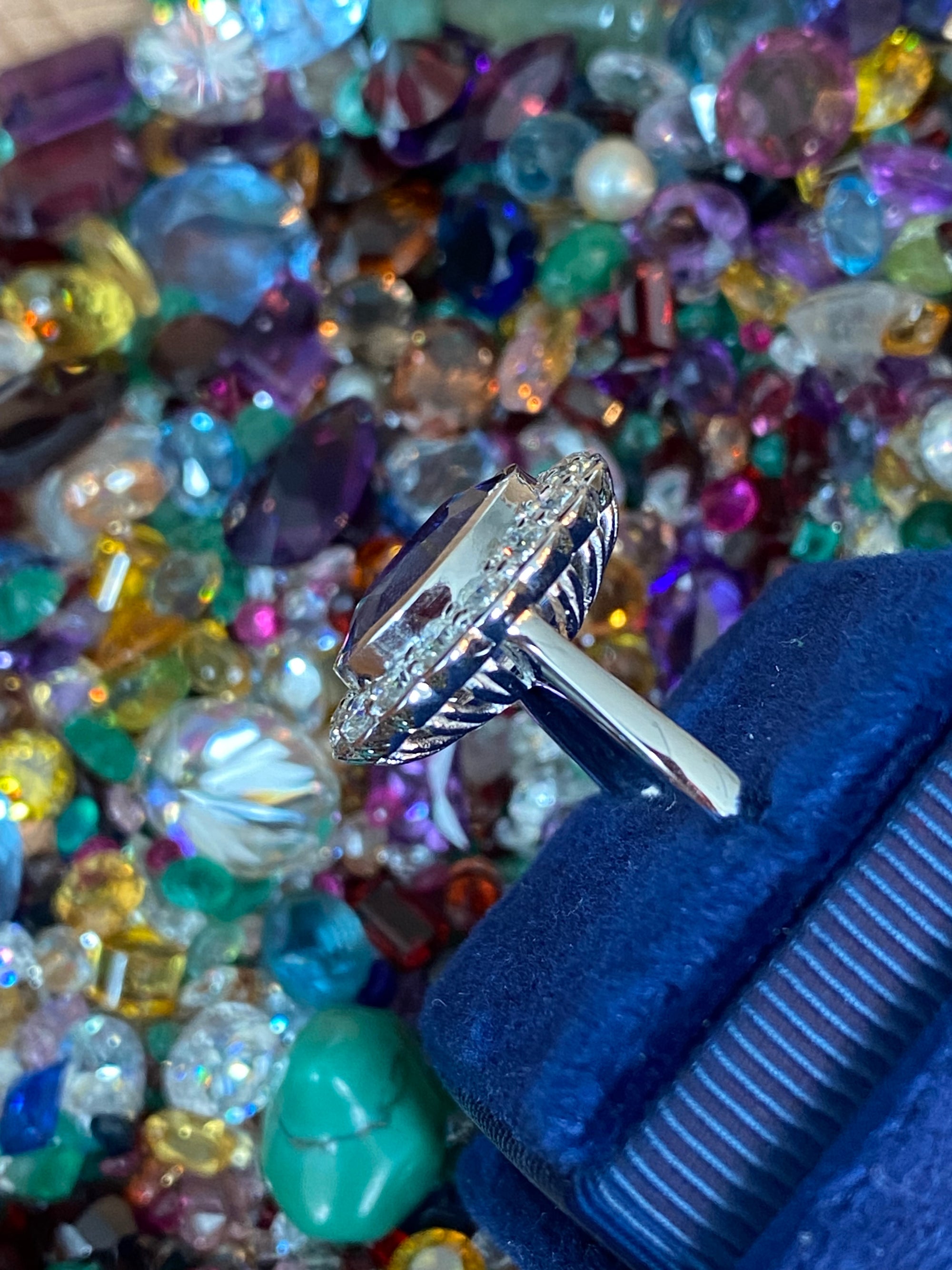 5.40 CTW Oval Cut Kyanite and Moissanite Halo Ring in Sterling Silver