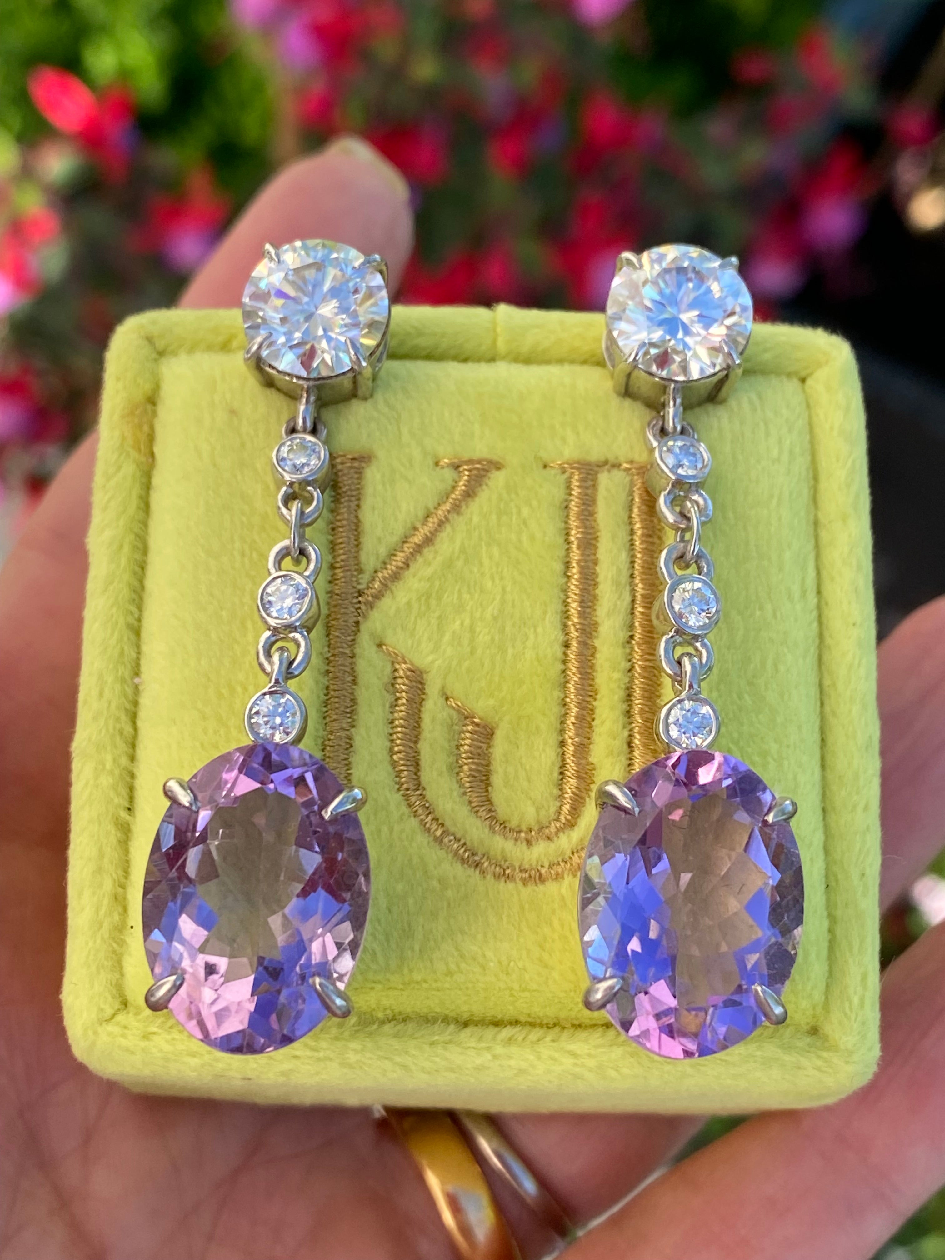 28.00 Carat Oval Cut Rose de France Amethyst and Moissanite Earrings in Sterling Silver