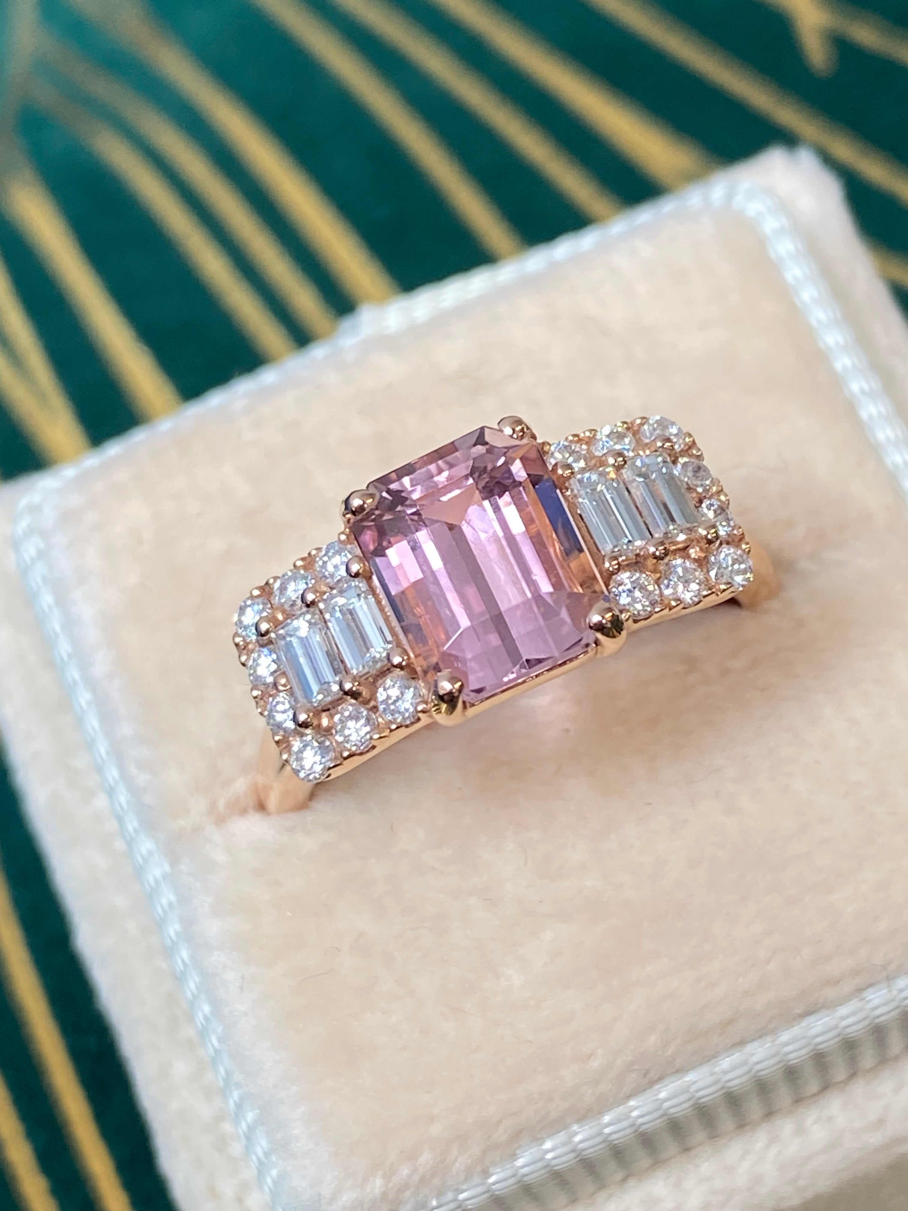 2.49 CTW Emerald Cut Morganite and Diamond Three Stone Style Engagement Ring in 18ct Rose Gold