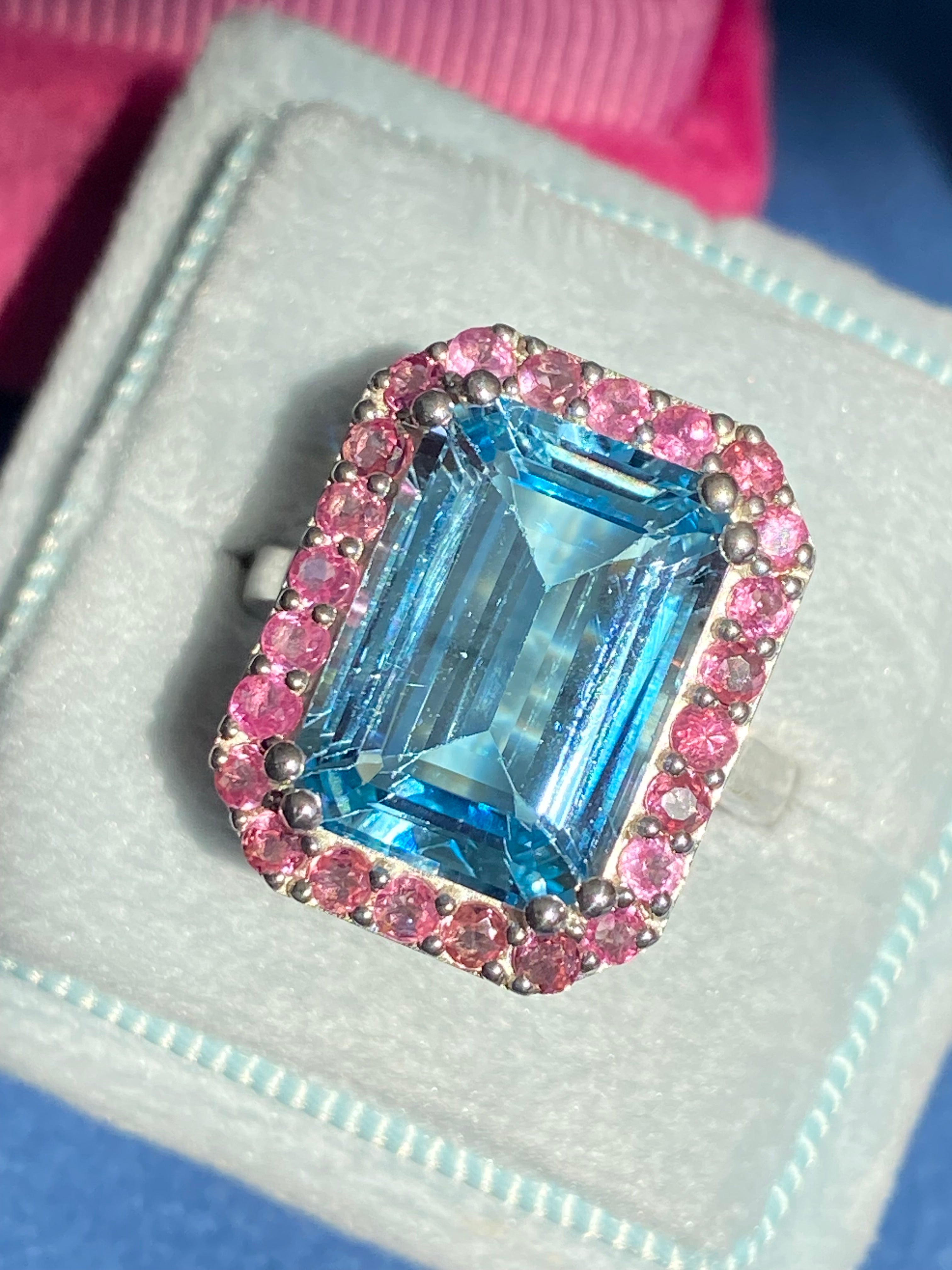 6.50 CTW Blue Topaz and Pink Tourmaline Halo Ring in Sterling Silver