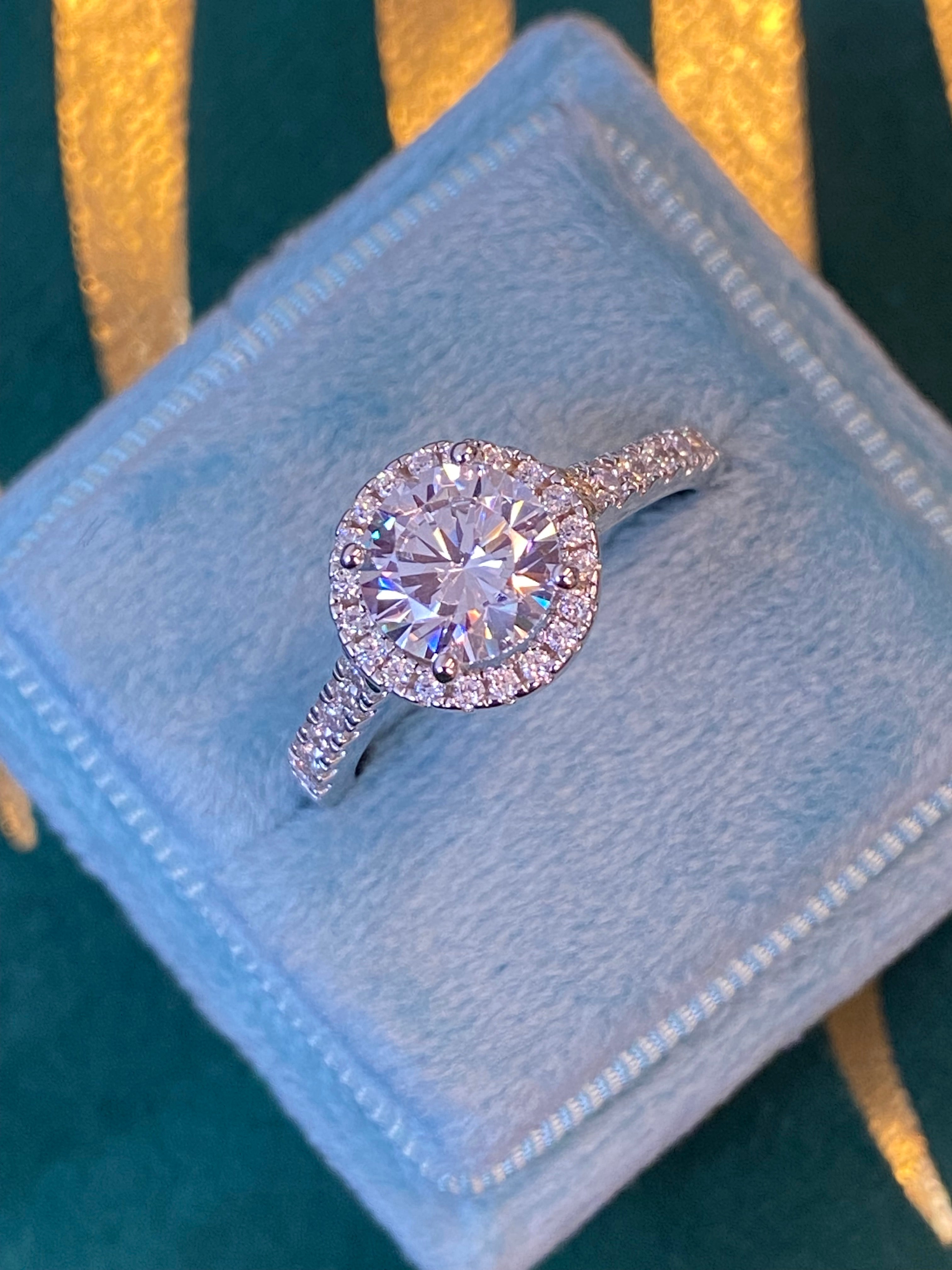 Round Cut Moissanite Halo Engagement and Wedding / Eternity Ring Set in Sterling Silver