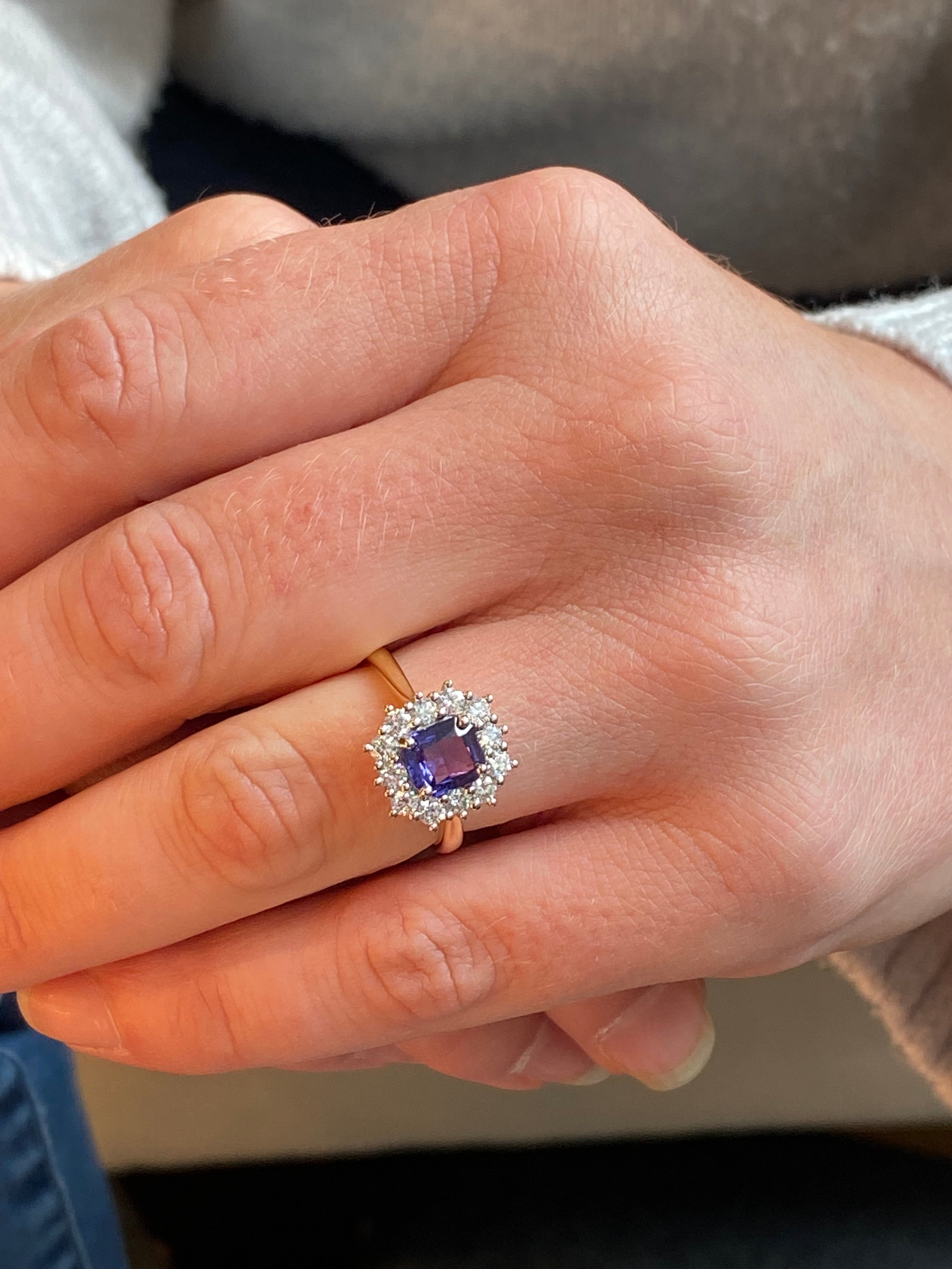 1.31 Carat Purple Sapphire and 0.60ctw Natural Diamond Halo Ring in Platinum and 18ct Gold