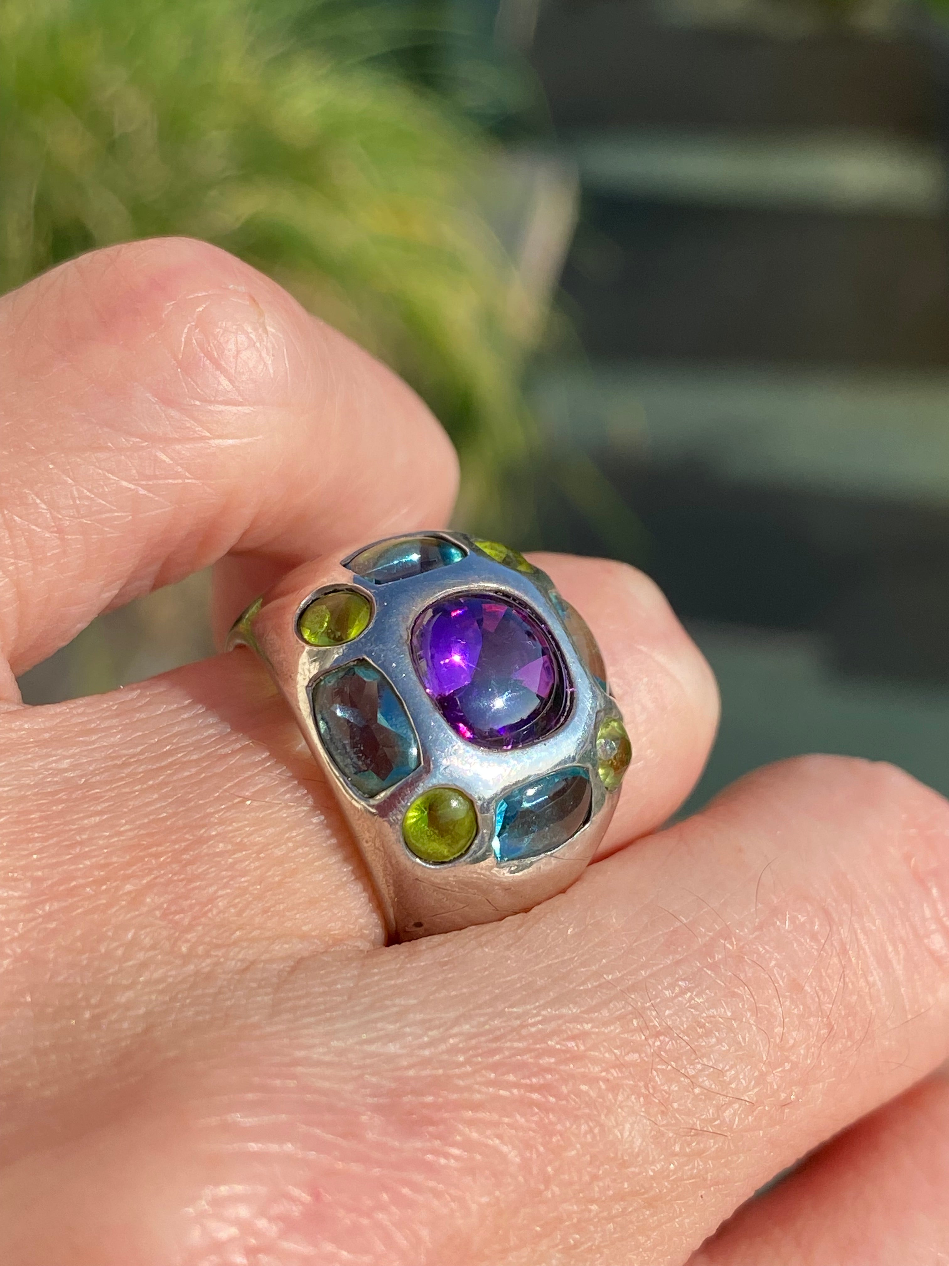 Beautiful Vintage Amethyst, Peridot and Blue Topaz Ring in Sterling Silver