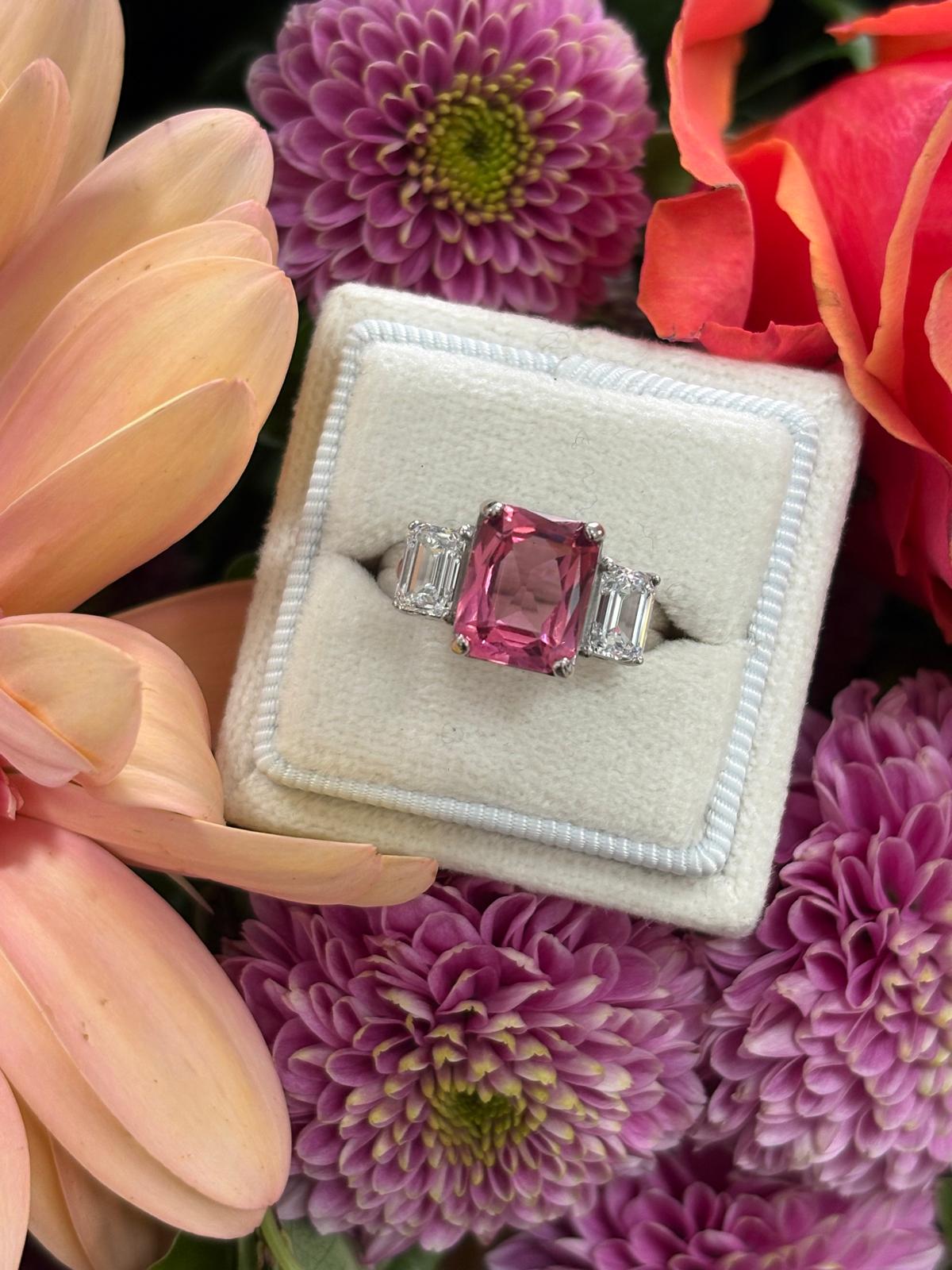 3.45 Carat Pink Tourmaline and 1.34 CTW Lab Diamond Ring in Platinum