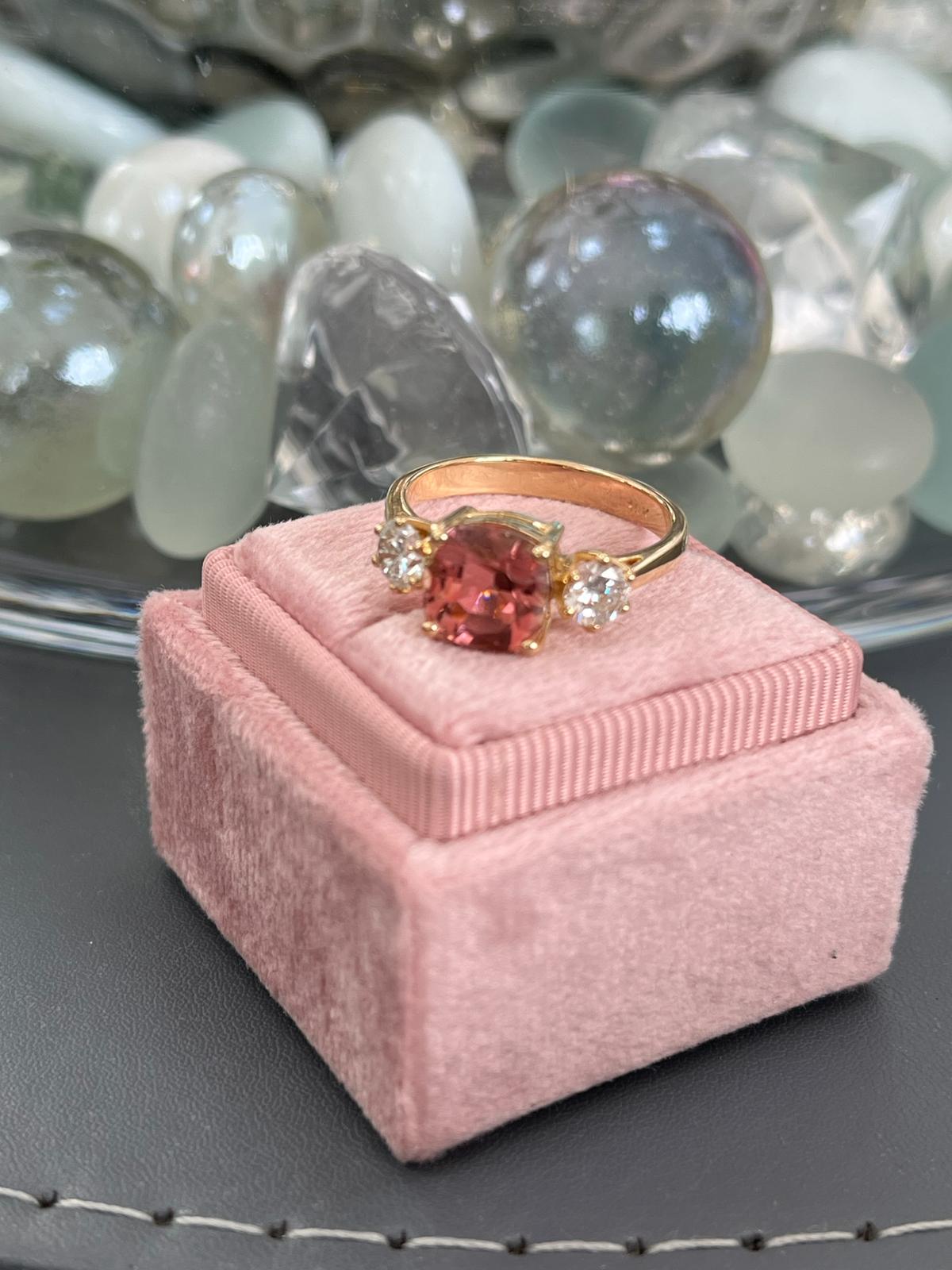 3.12ctw Pink Tourmaline and Natural Diamond Three Stone Ring in 18ct Yellow Gold