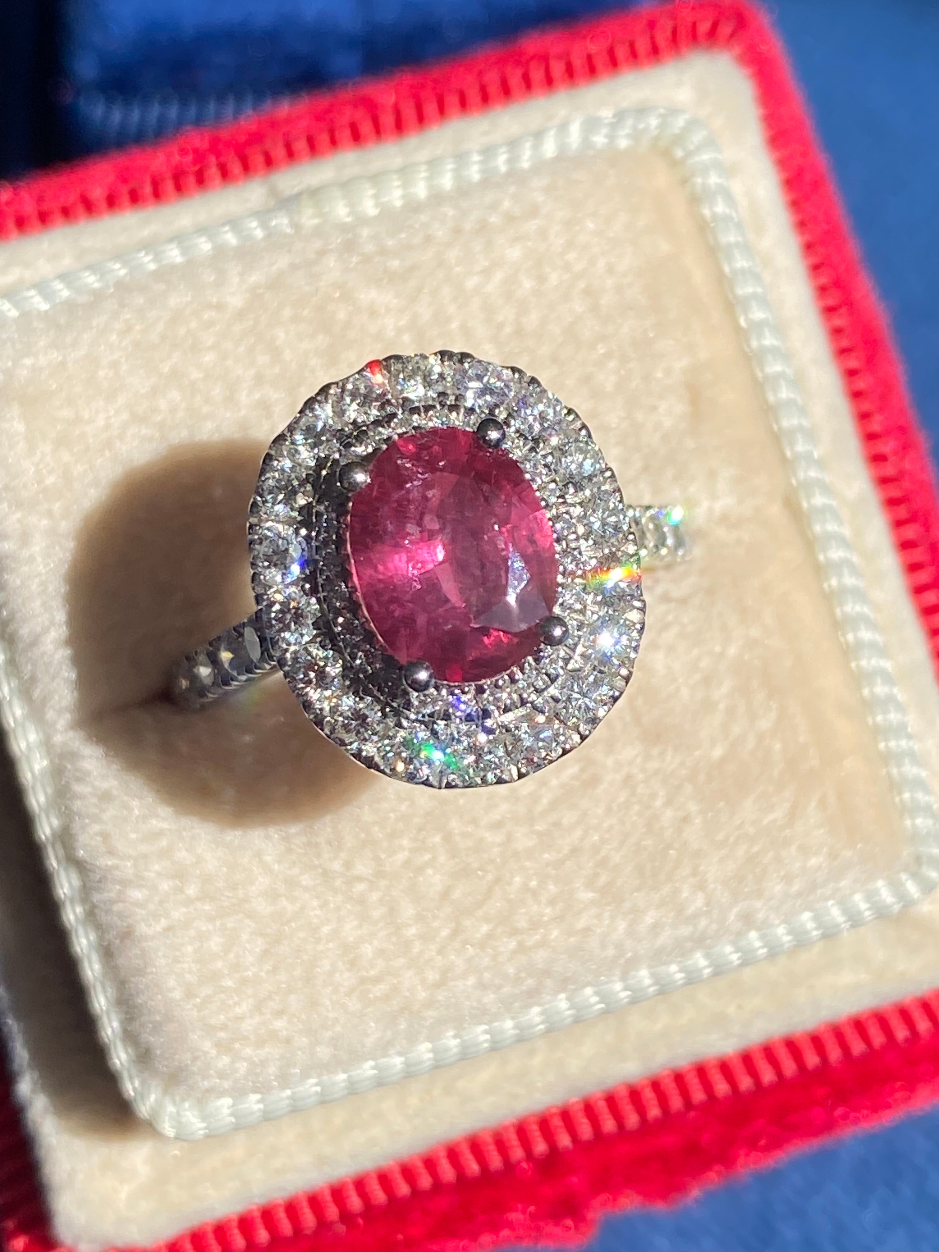 2.56 CTW Oval-Cut Ruby and Natural Diamond Double Halo Ring in Platinum