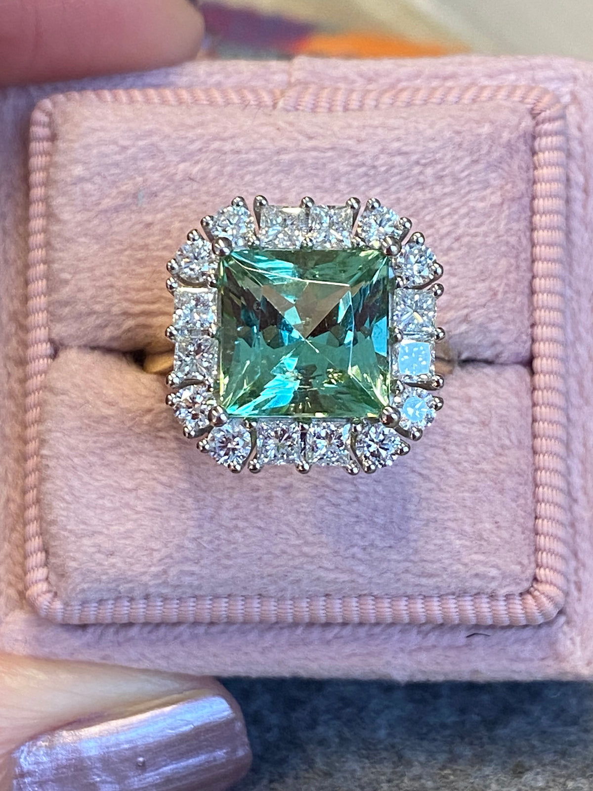 4.73 CTW Princess Cut Mint Tourmaline and Natural Diamond Ring in Platinum and 18ct Yellow Gold