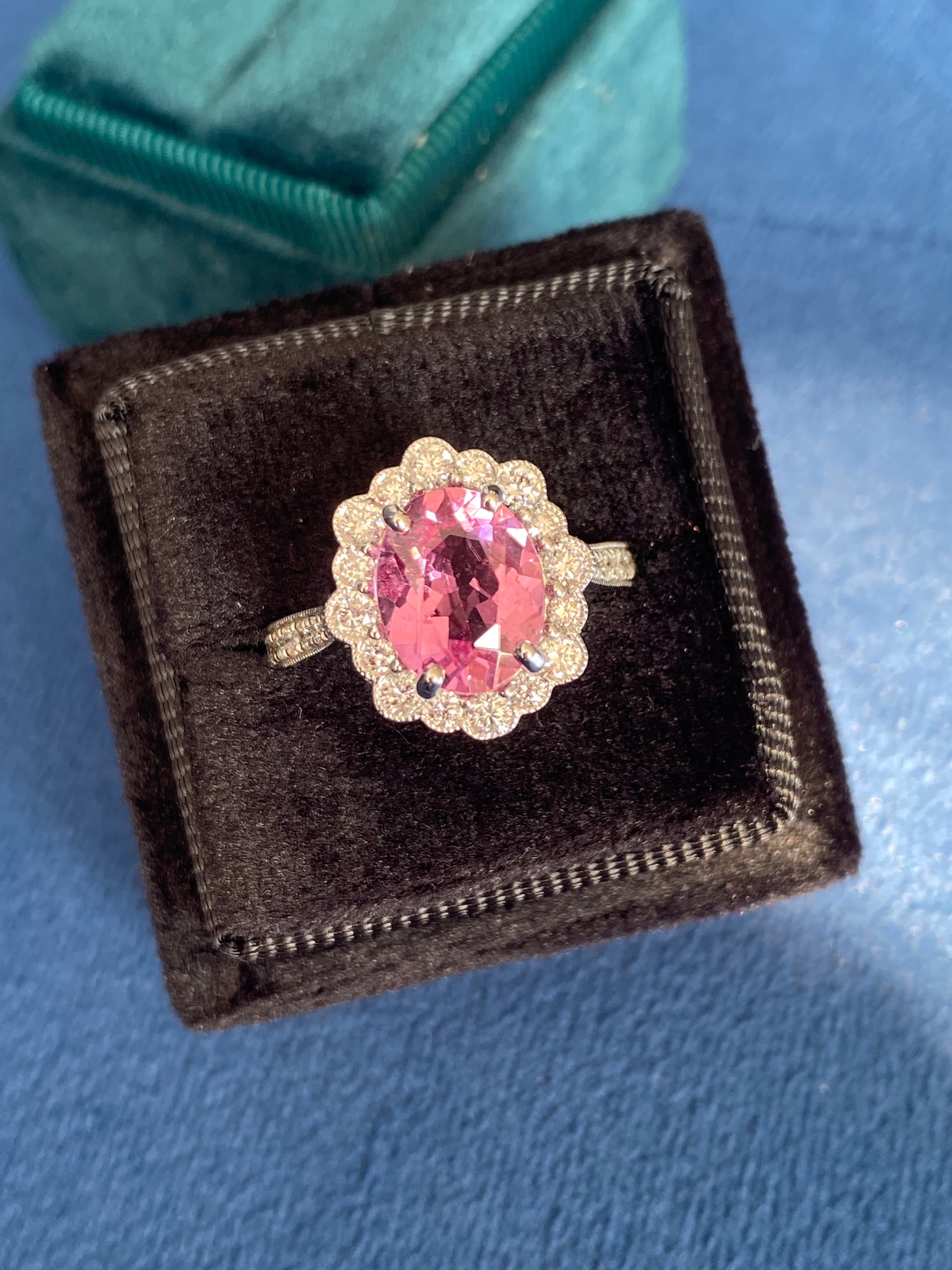 3.01 CTW Pink Tourmaline and Natural Diamond Halo Ring in Platinum