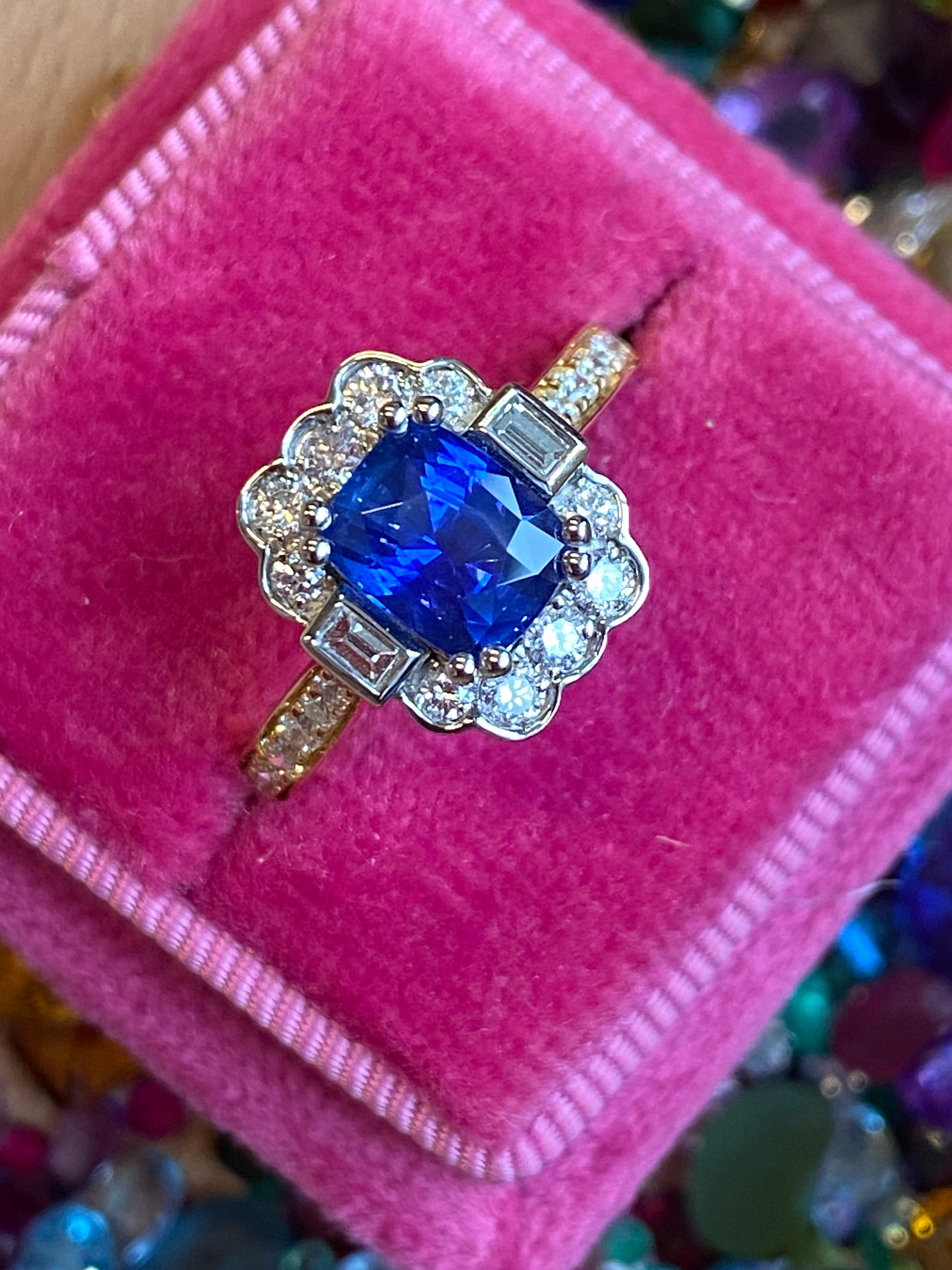 2.11 CTW Cushion Cut Ceylon Sapphire and Natural Diamond Ring in 18ct Yellow Gold