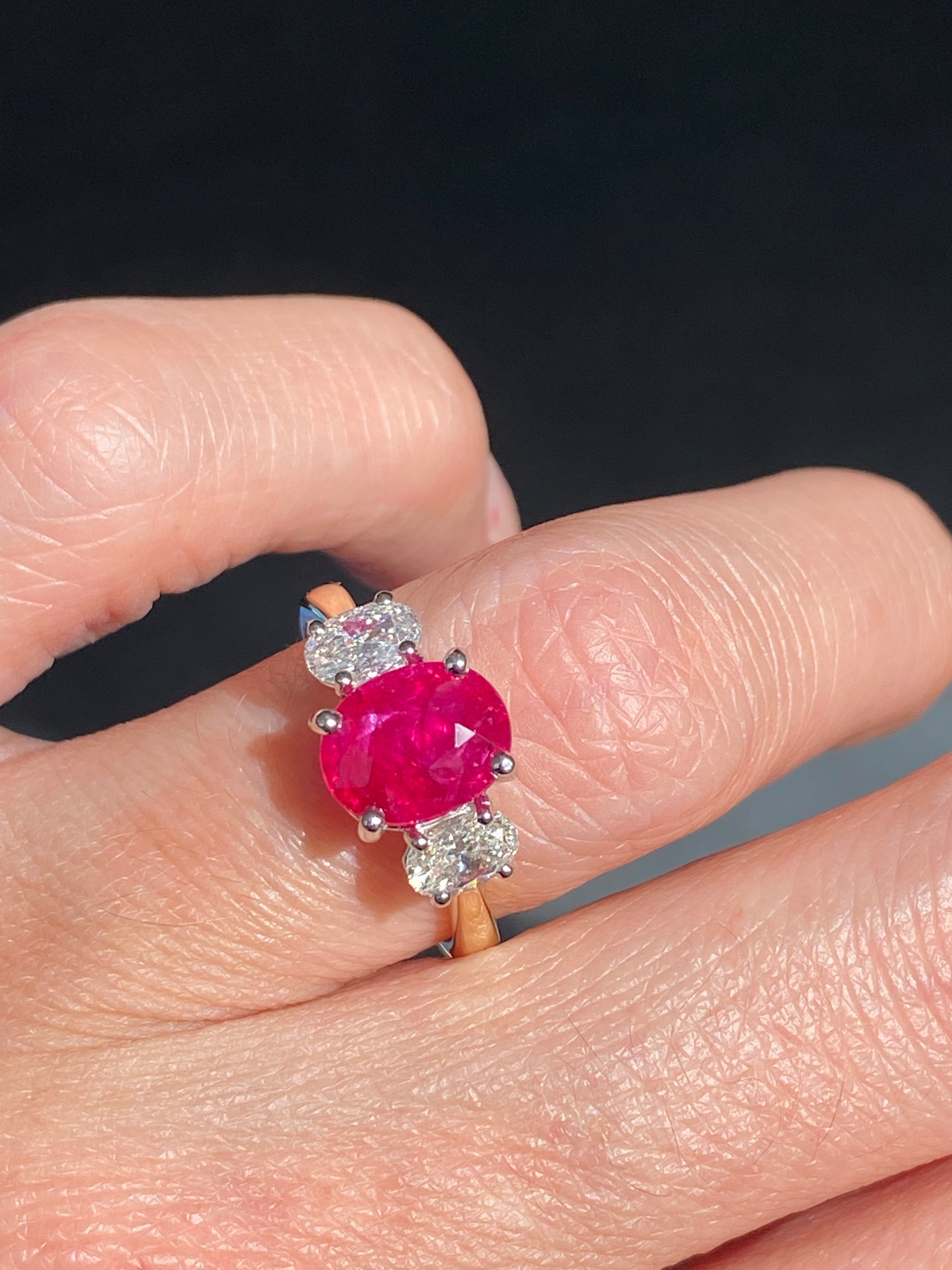 2.03 Carat Ruby and Natural Diamond Three Stone Ring in Platinum and 18ct Yellow Gold