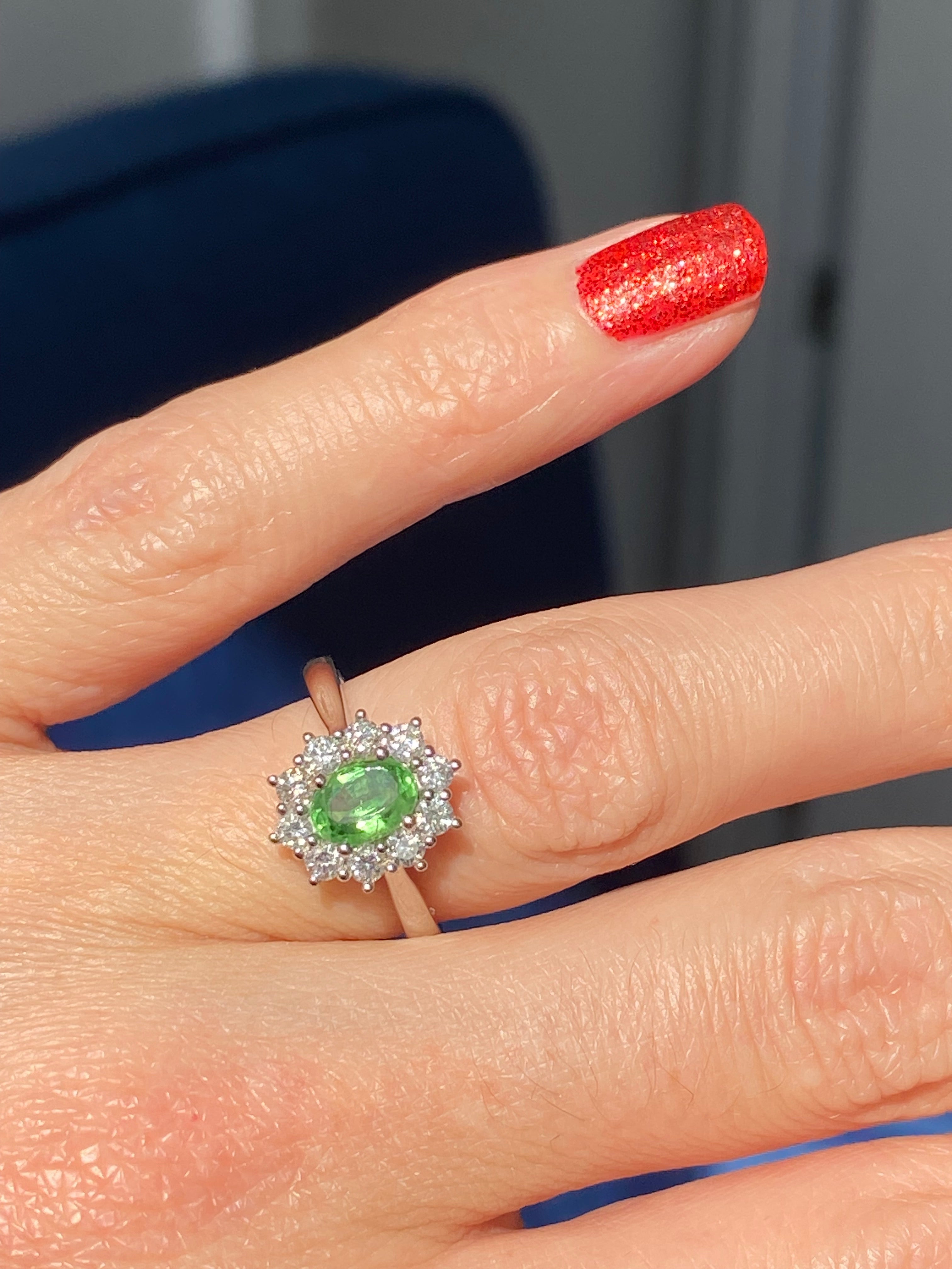 1.32 CTW Tsavorite Garnet and Natural Diamond Halo Ring in Platinum