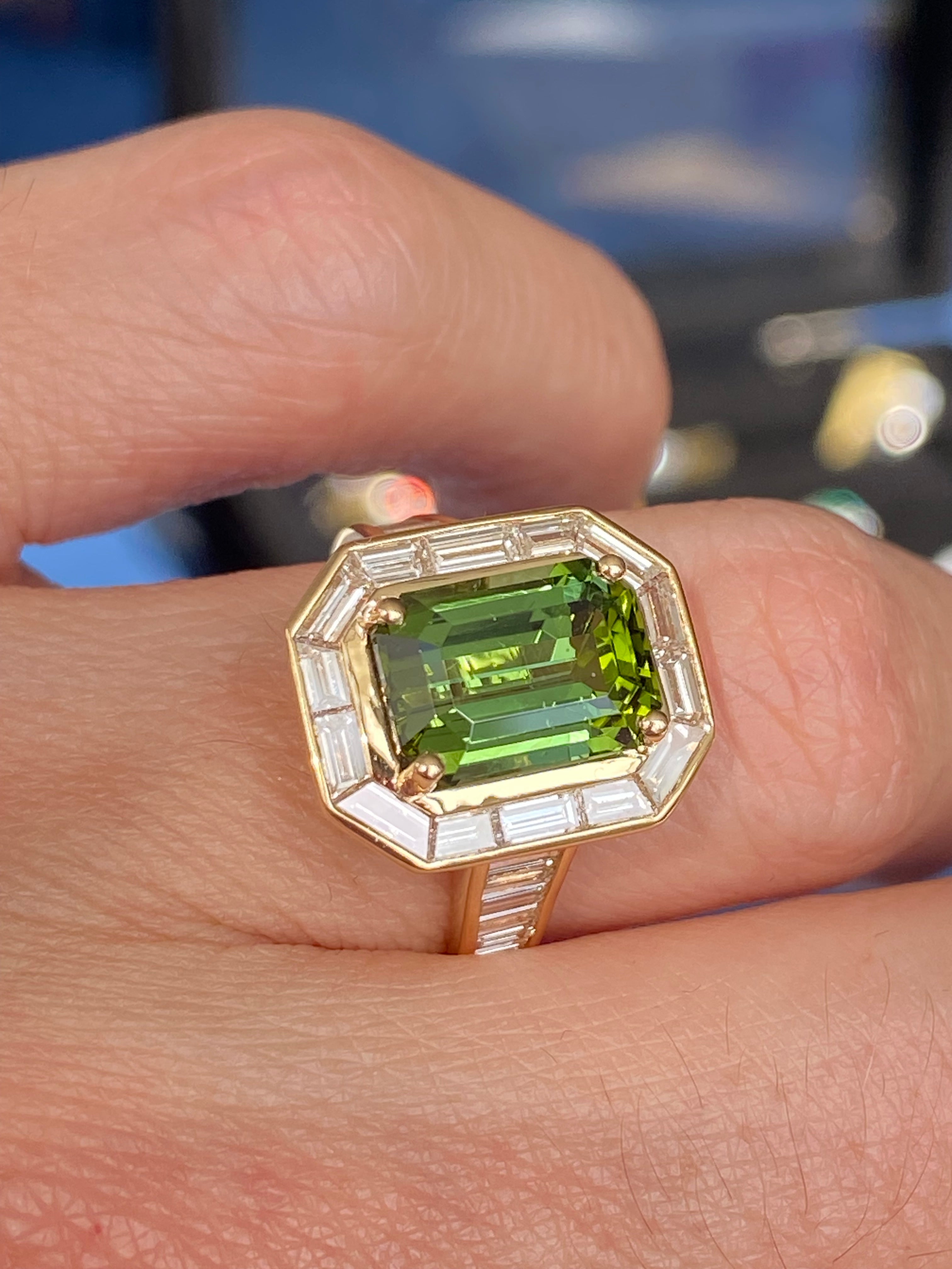 3.85 Carat Green Tourmaline and 1.84ctw Natural Diamond Ring in 18ct Yellow Gold