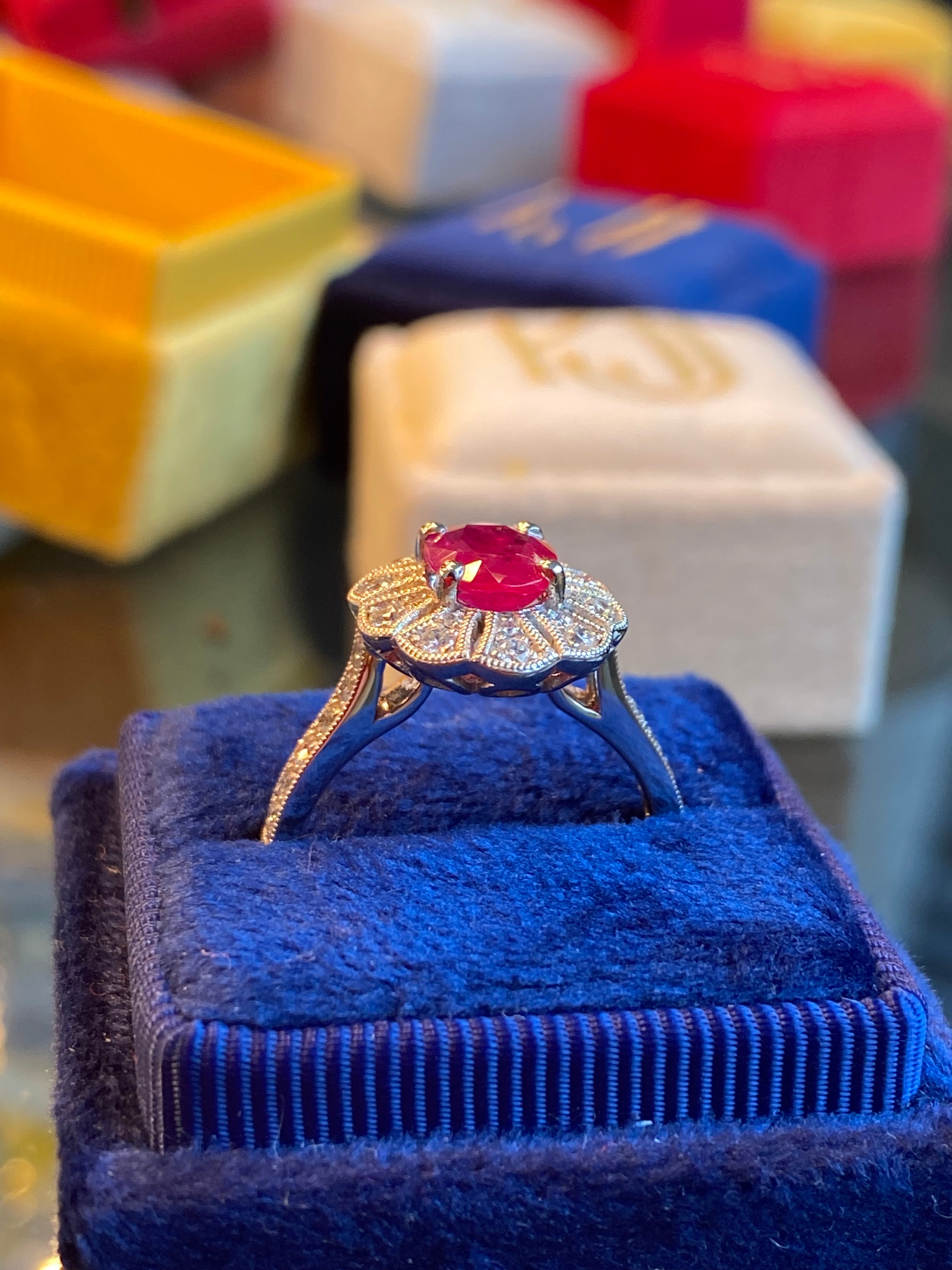 1.71 CTW Oval Cut Ruby and Diamond Art Deco Style Ring in Platinum