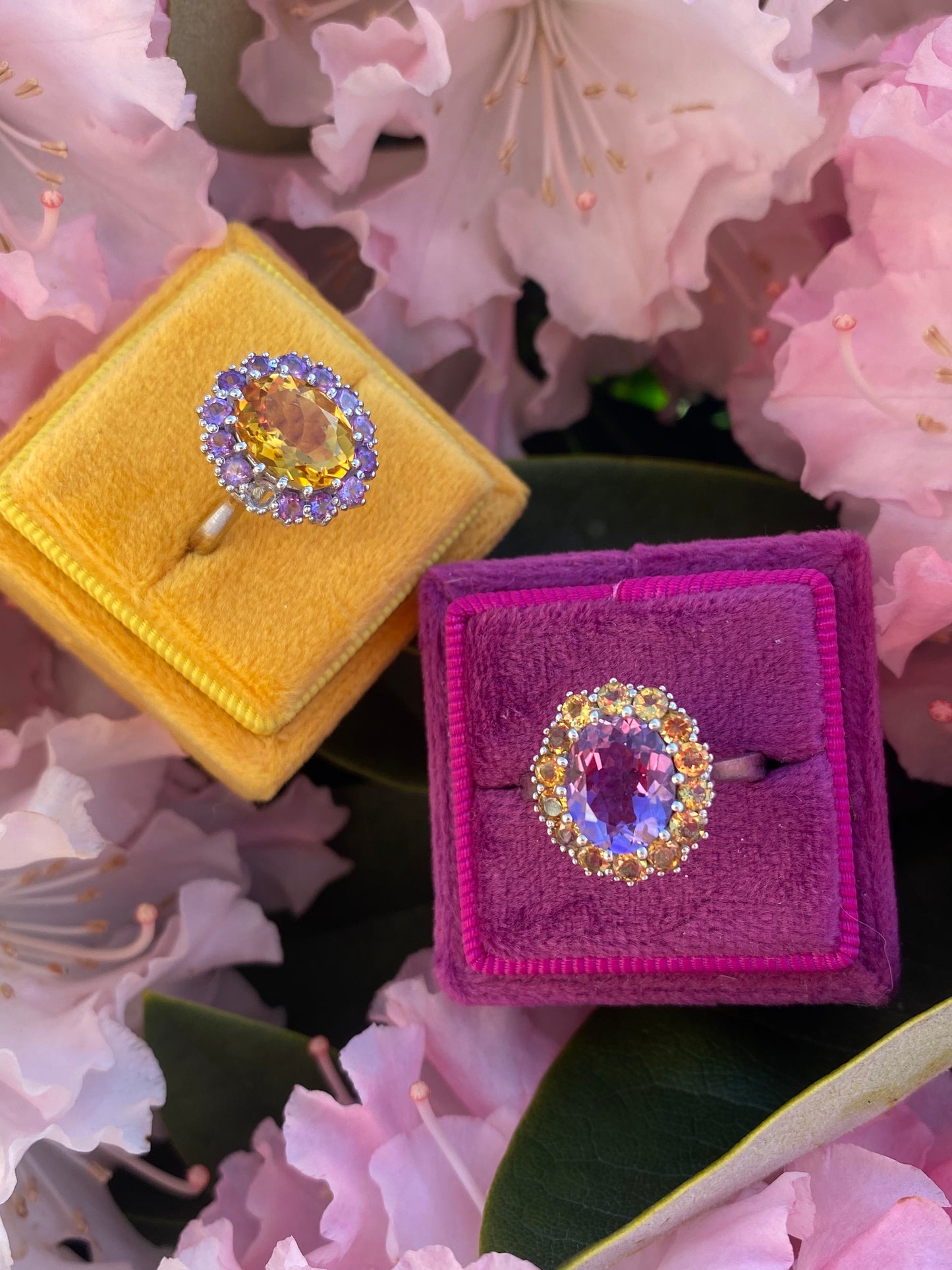 Oval-Cut Citrine and Amethyst Halo Cocktail Ring in Sterling Silver
