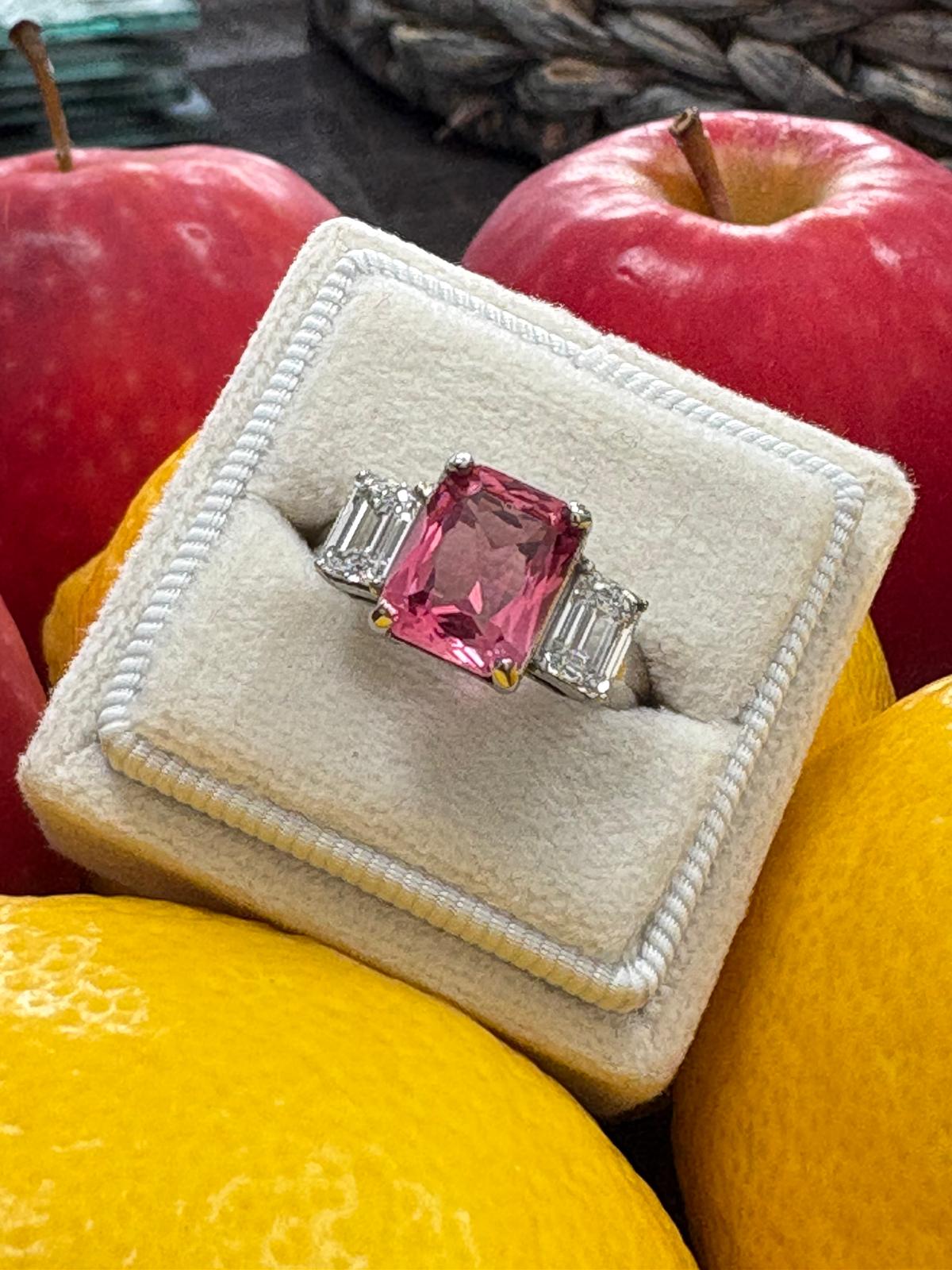 3.45 Carat Pink Tourmaline and 1.34 CTW Lab Diamond Ring in Platinum