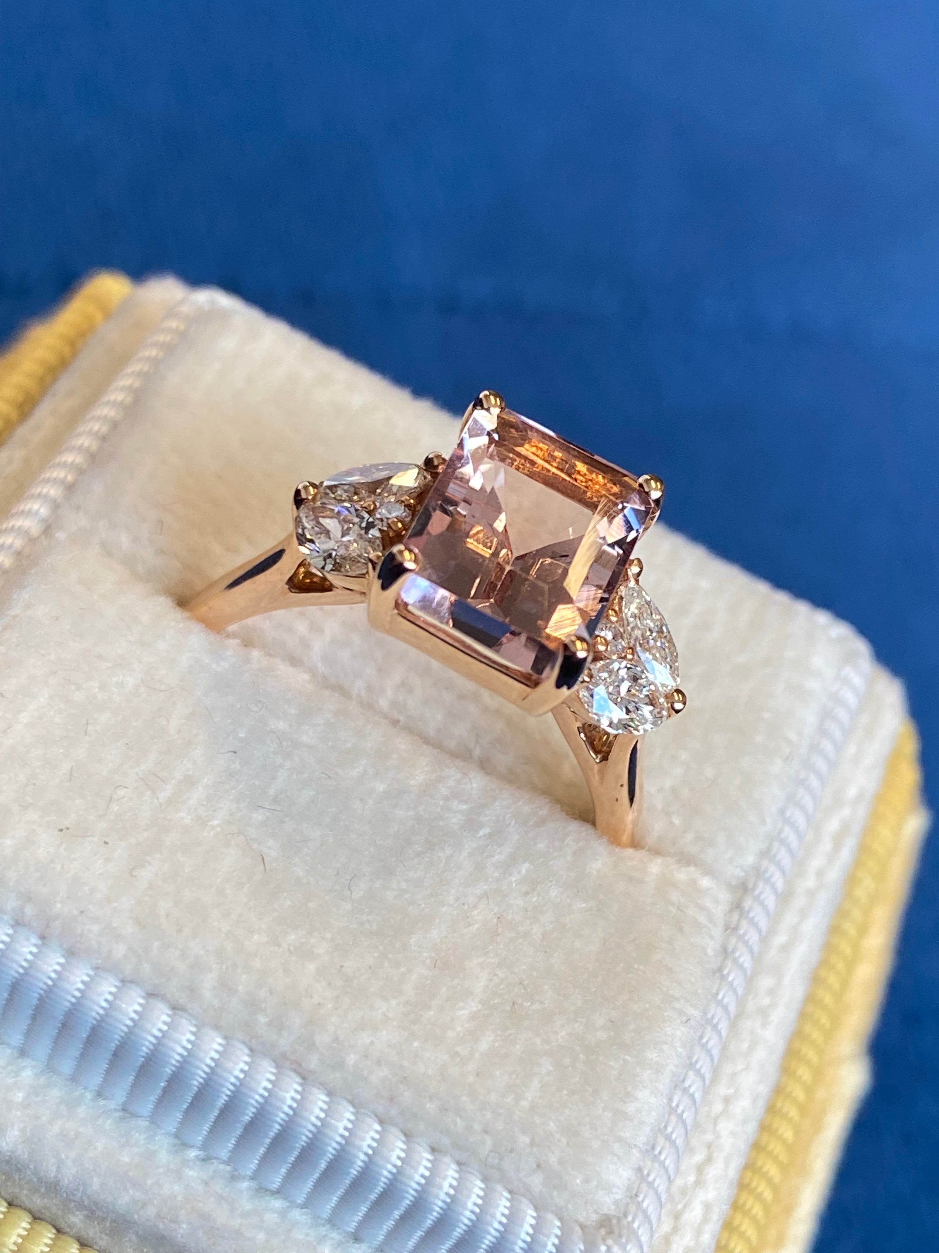 3.25 CTW Emerald Cut Morganite and Diamond Three Stone Engagement Ring in 18ct Rose Gold