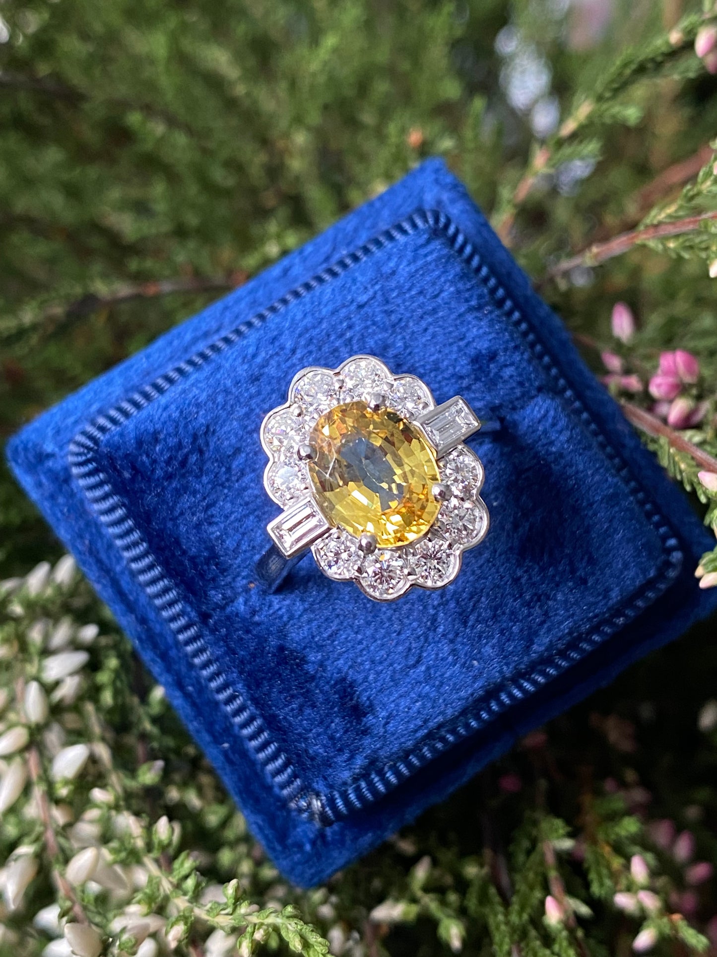 2.45 Carat Yellow Sapphire and Natural Diamond Halo Ring in Platinum