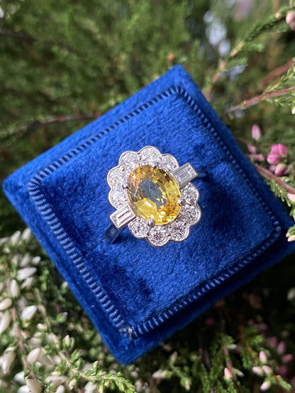 2.45 Carat Yellow Sapphire and Natural Diamond Halo Ring in Platinum