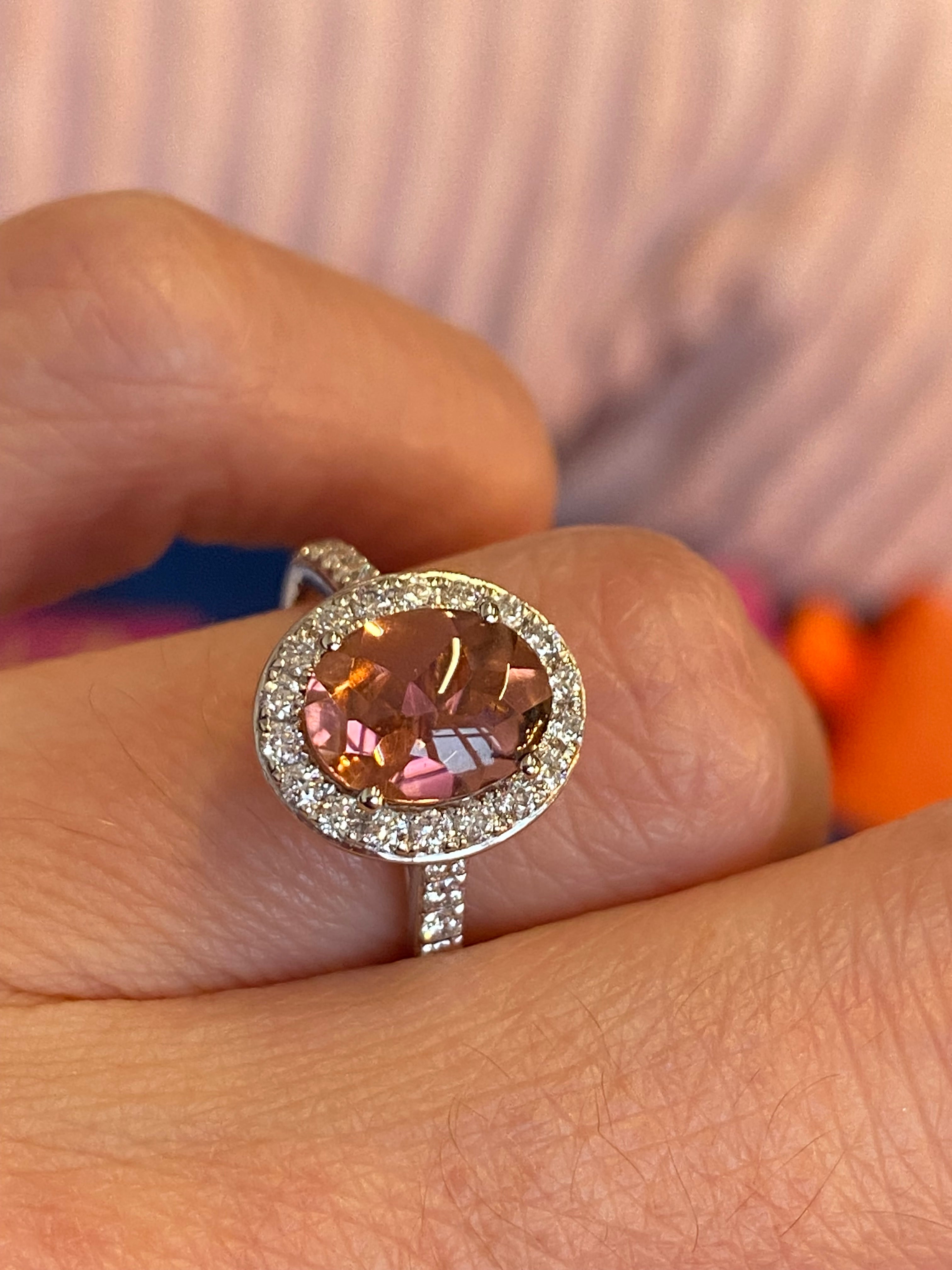 2.23 CTW Cabochon Cut Pink Tourmaline and Natural Diamond Ring in Platinum