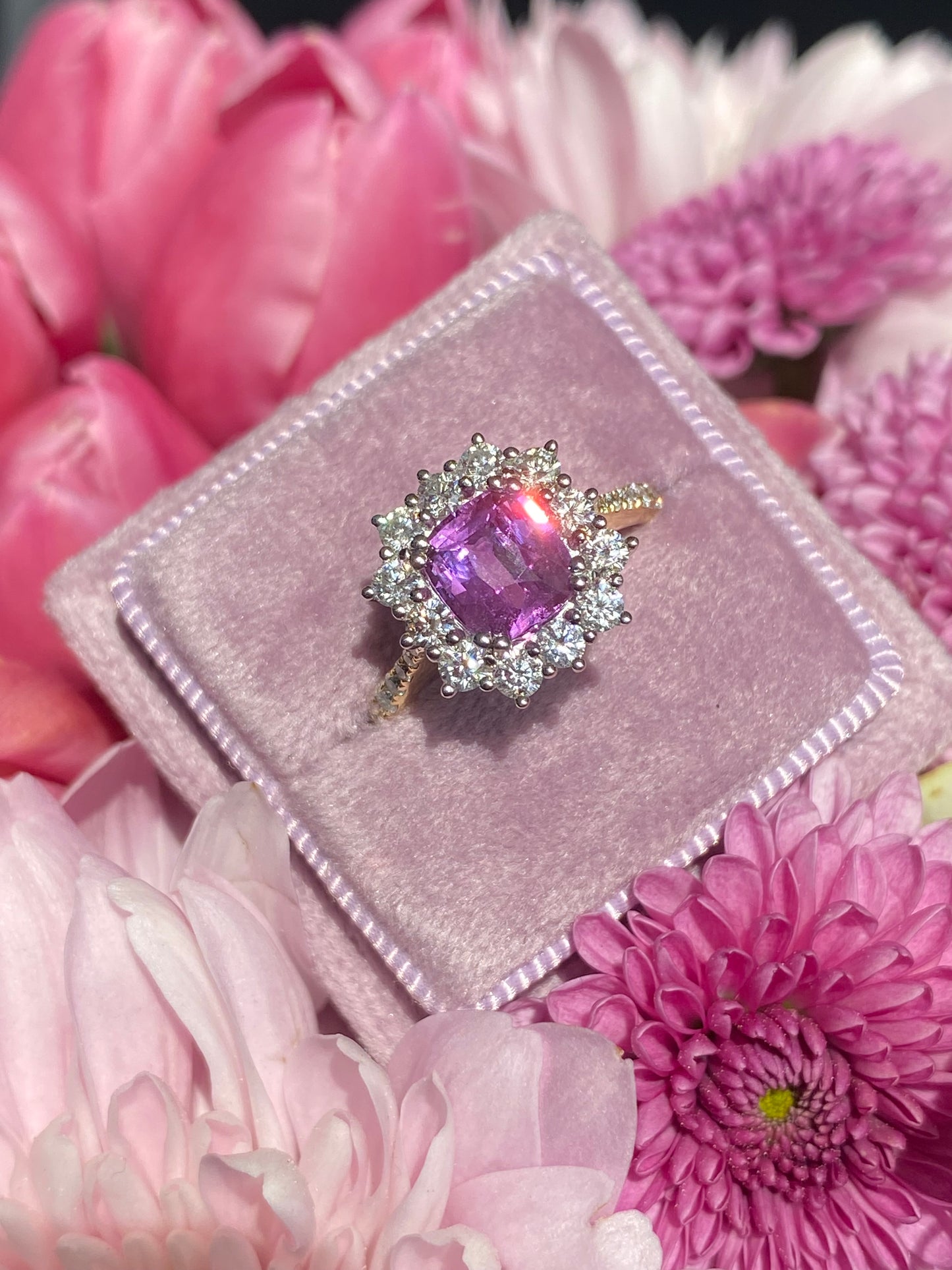 1.65 Carat Purple Sapphire and 0.85ctw Natural Diamond Halo Ring in Platinum and 18ct Gold