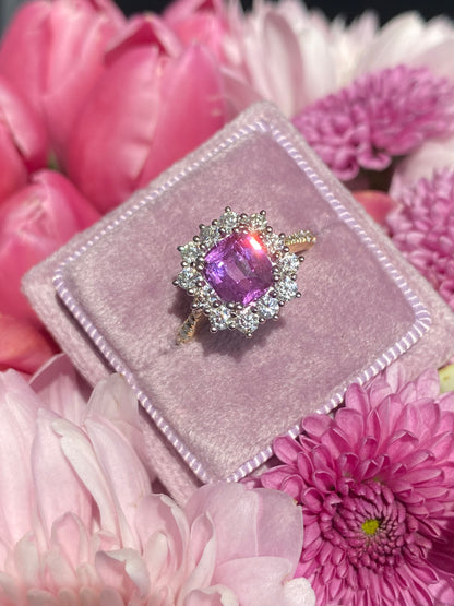 1.65 Carat Purple Sapphire and 0.85ctw Natural Diamond Halo Ring in Platinum and 18ct Gold