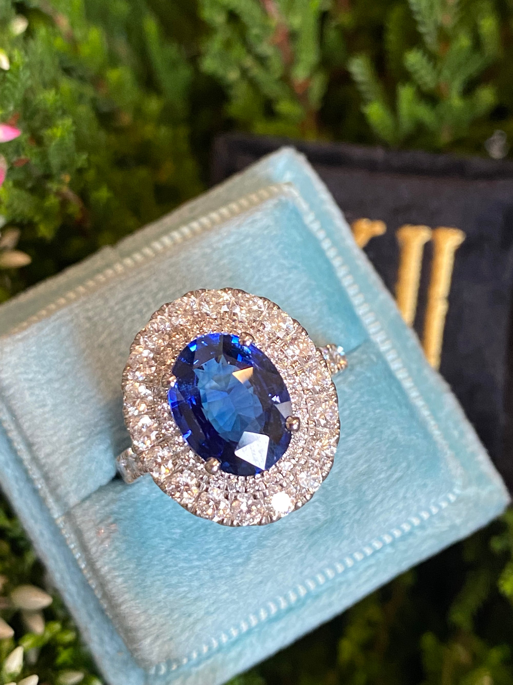 4.29 Carat Blue Ceylon Sapphire and 1.67 CTW Natural Diamond Halo Ring in Platinum