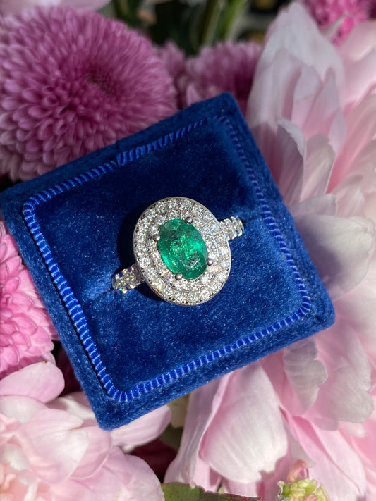 2.22 Ctw Emerald and Natural Diamond Double Halo Ring in Platinum