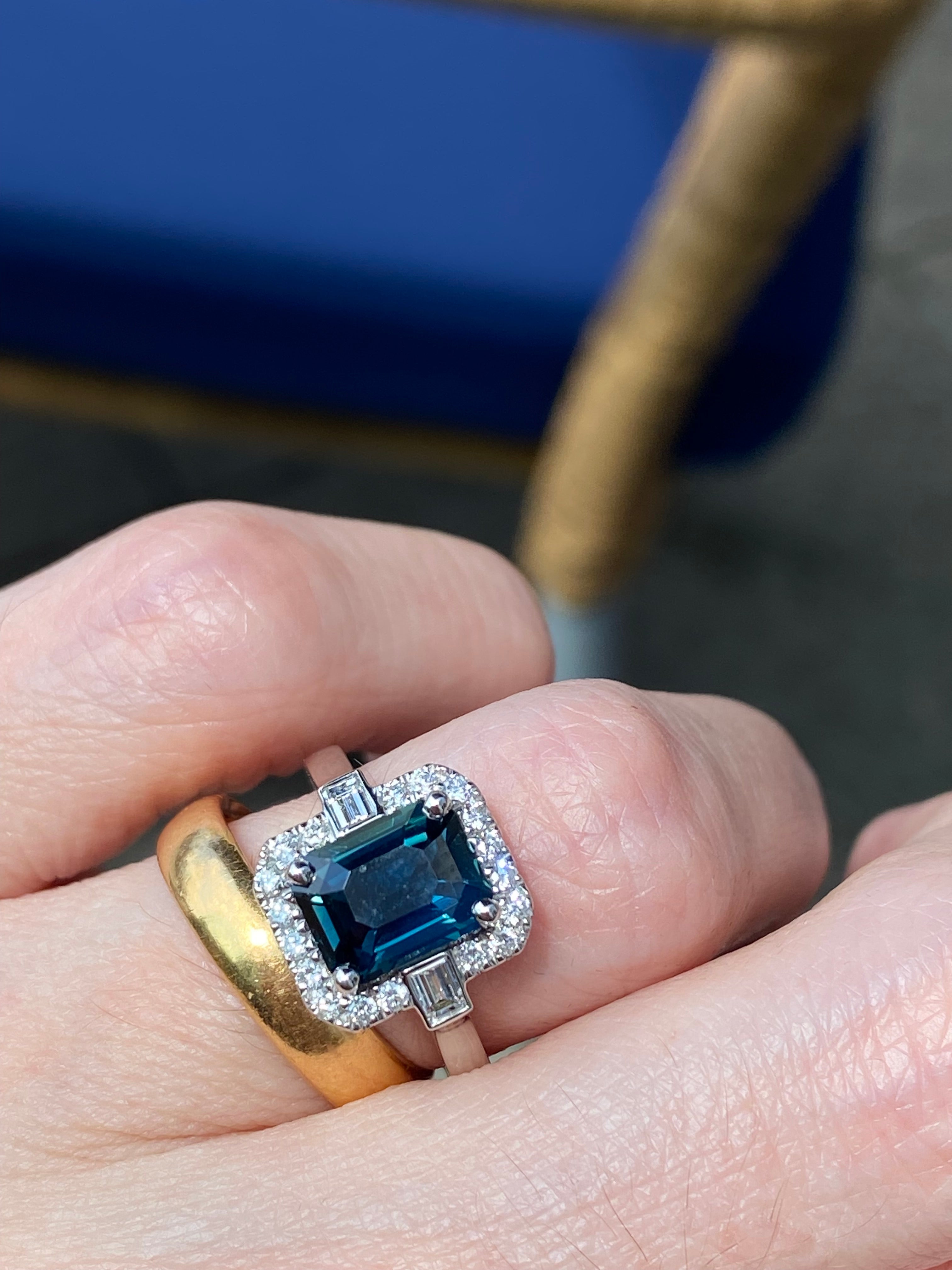 2.52 Carat Emerald Cut Teal Sapphire and Natural Diamond Halo Ring in Platinum
