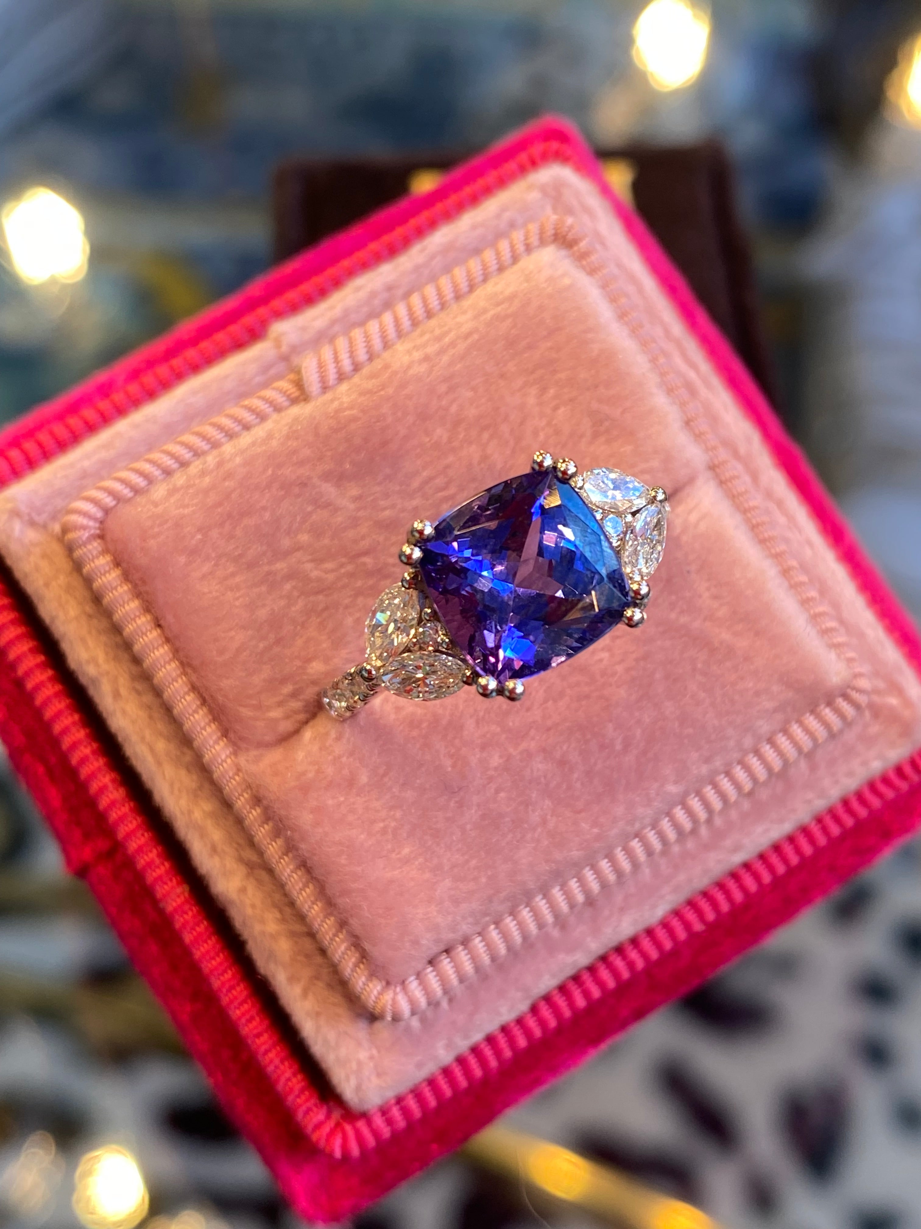 3.76 CTW Cushion Cut Tanzanite and Diamond Ring in Platinum