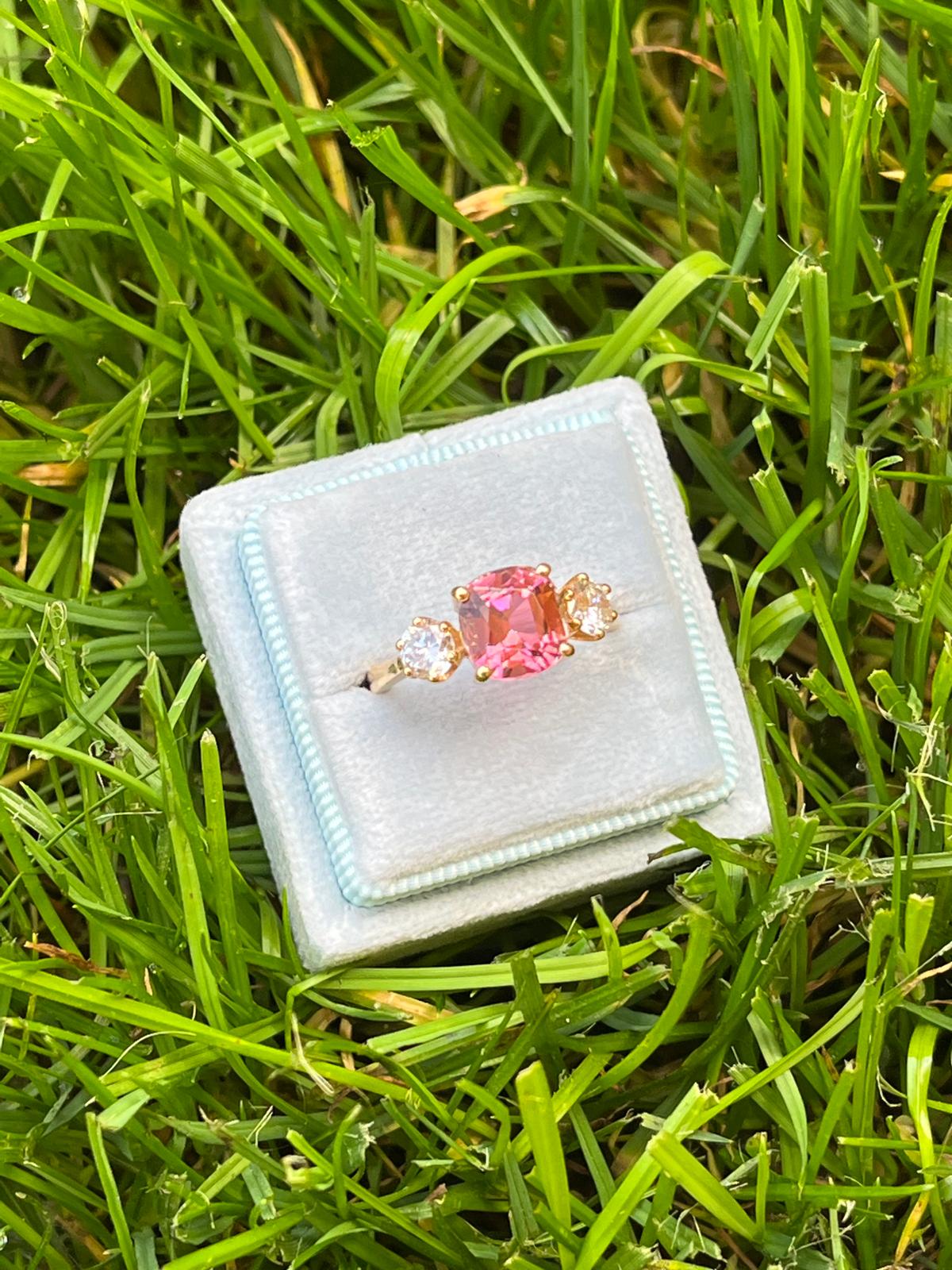 3.12ctw Pink Tourmaline and Natural Diamond Three Stone Ring in 18ct Yellow Gold