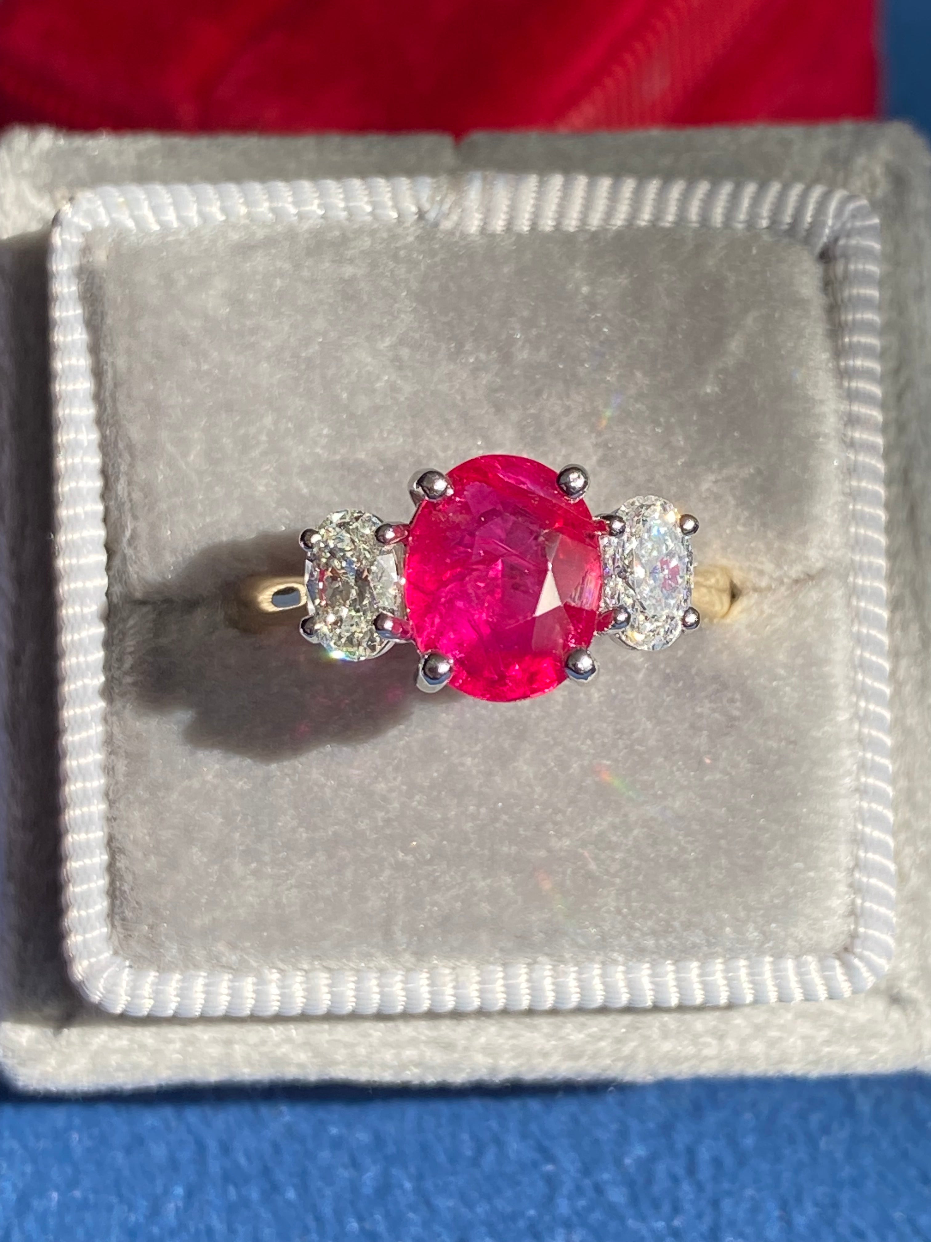 2.03 Carat Ruby and Natural Diamond Three Stone Ring in Platinum and 18ct Yellow Gold