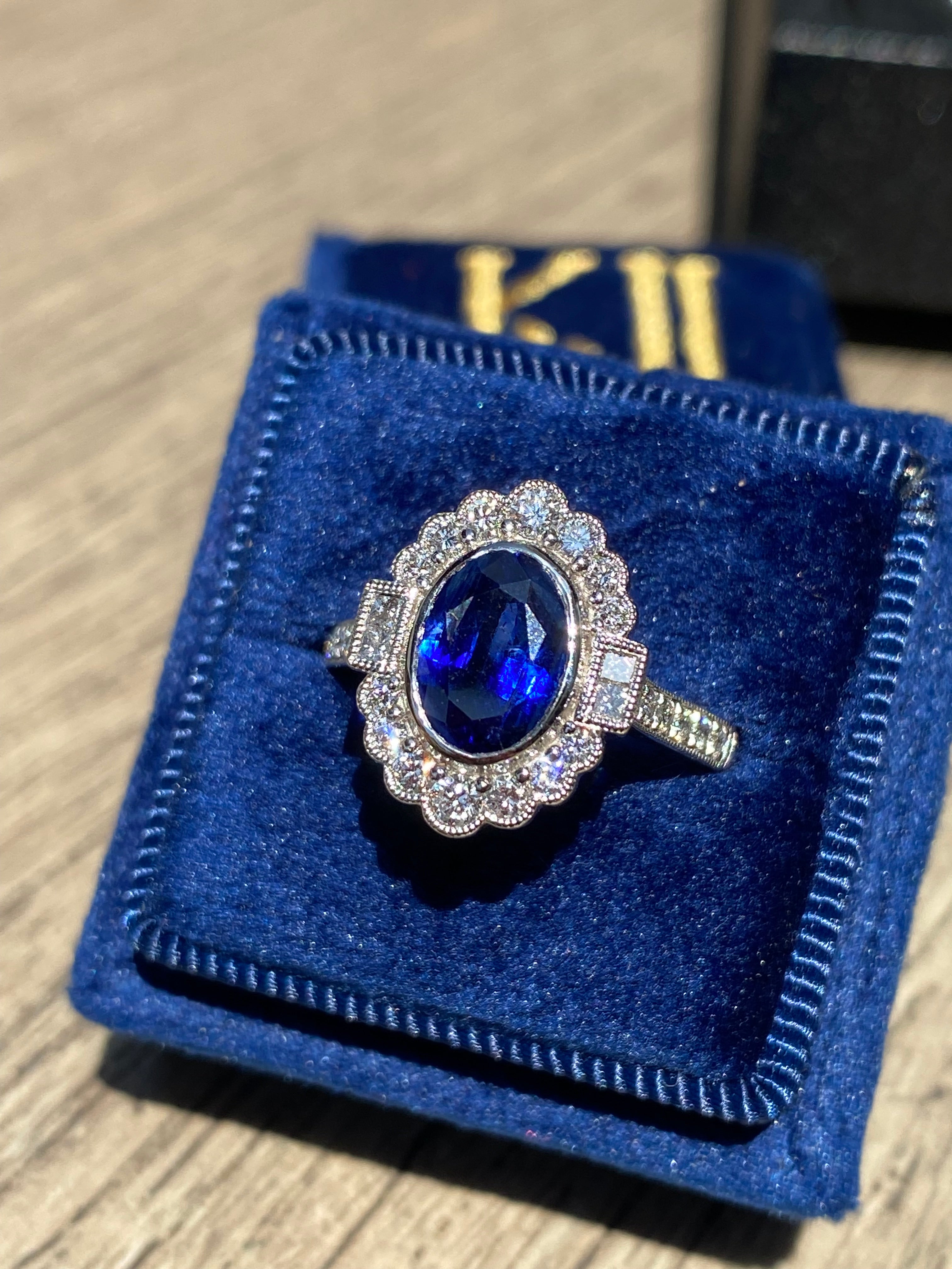 1.95 Carat Blue Ceylon Sapphire and Natural Diamond Halo Ring in Platinum
