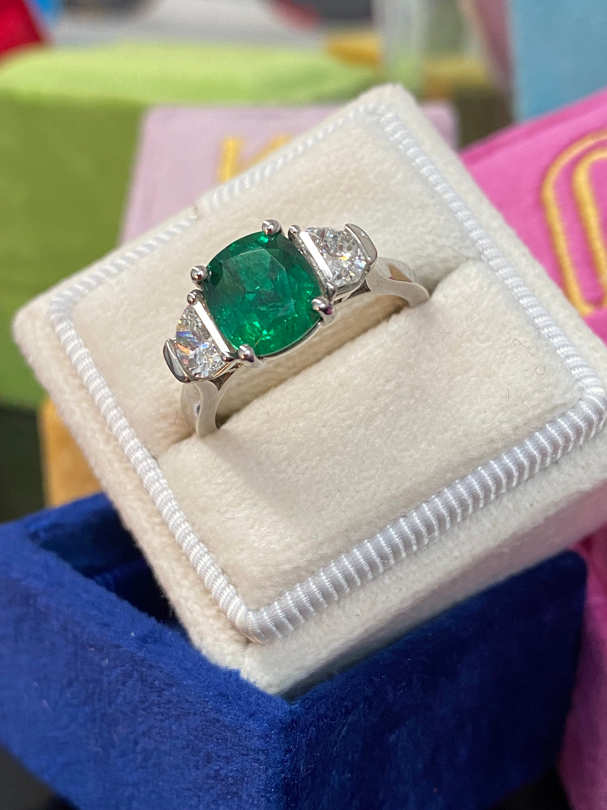 2.77 CTW Colombian Emerald and Natural Diamond Three Stone Engagement Ring Platinum