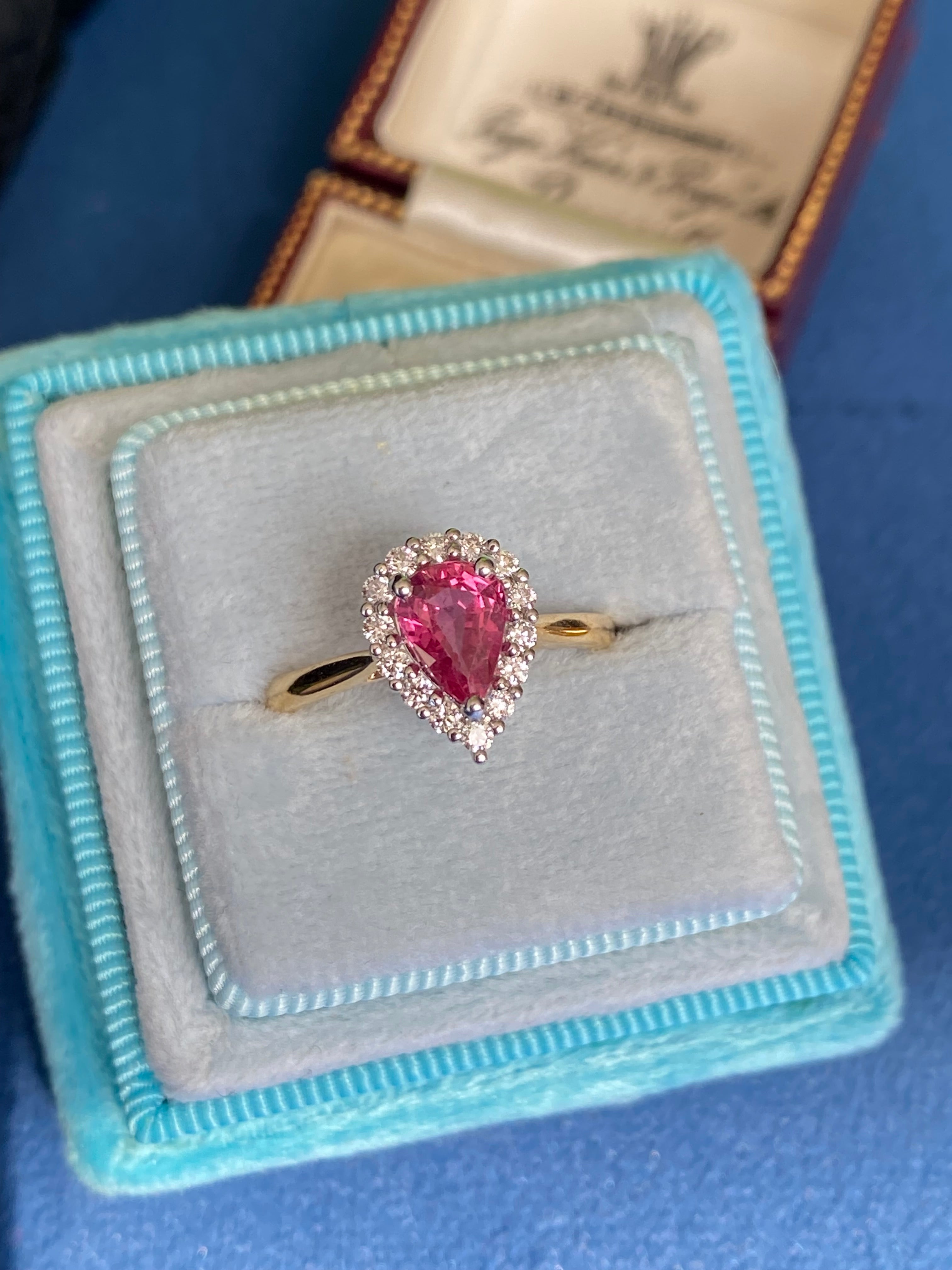 1.28 CTW Pear Cut Ruby and Natural Diamond Ring in Platinum and 18ct Yellow Gold