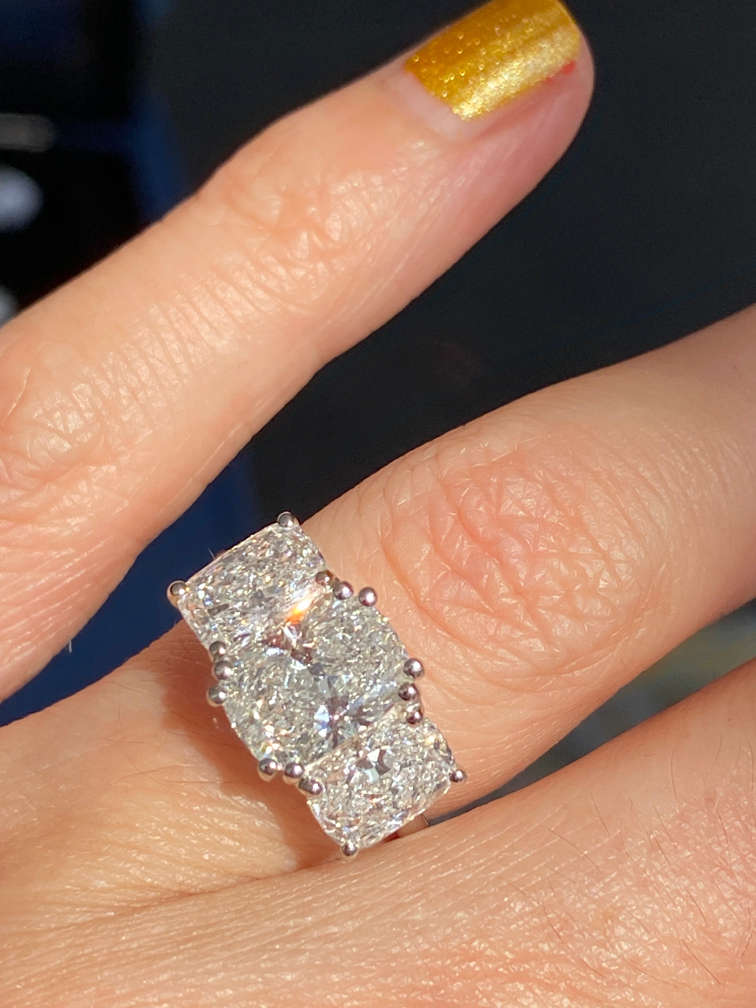 4.10 CTW Cushion Cut D Colour VS1 Lab Diamond Three Stone Ring in Platinum