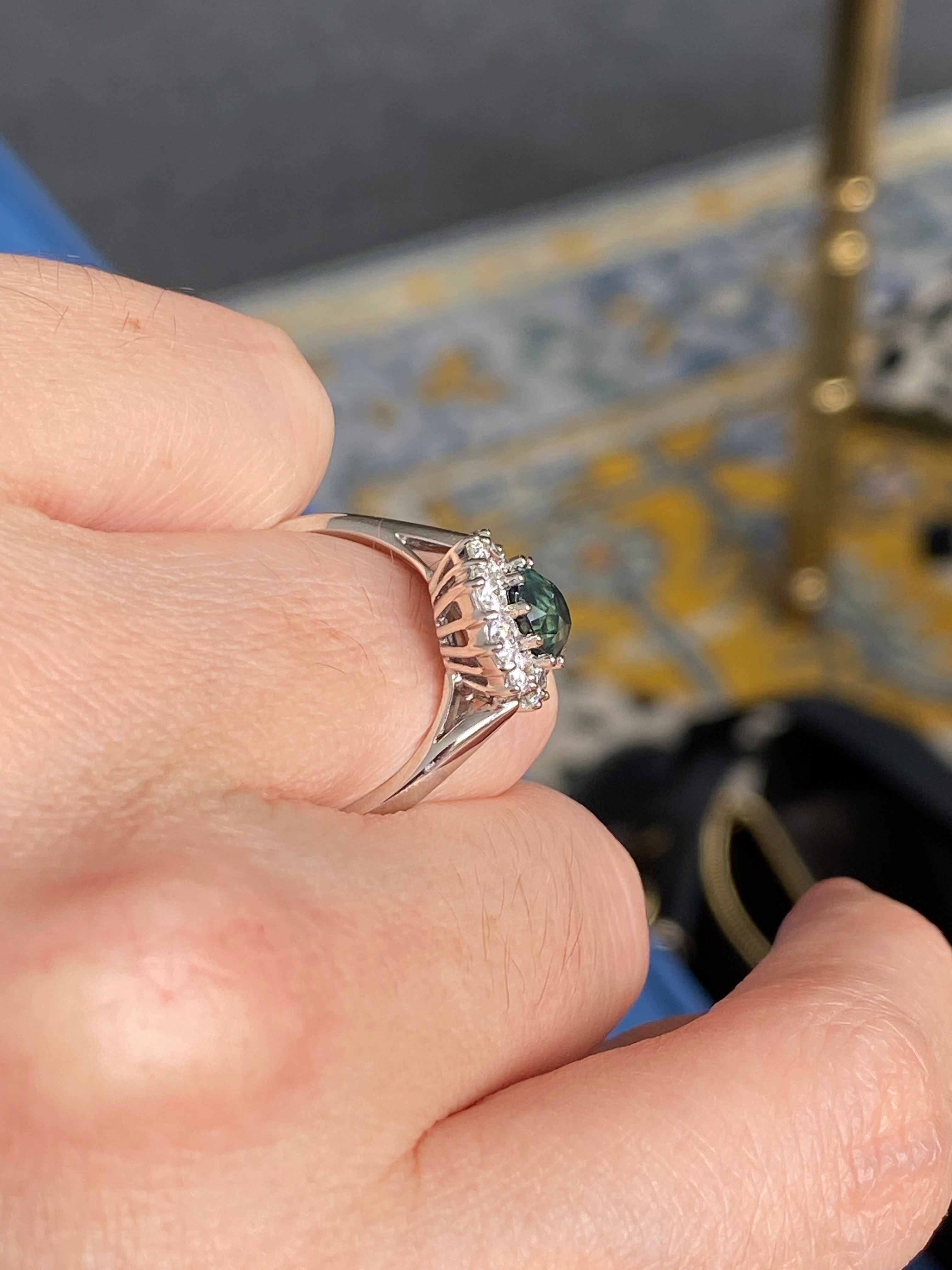 2.18 CTW Oval Cut Teal Sapphire and Natural Diamond Halo Ring in Platinum
