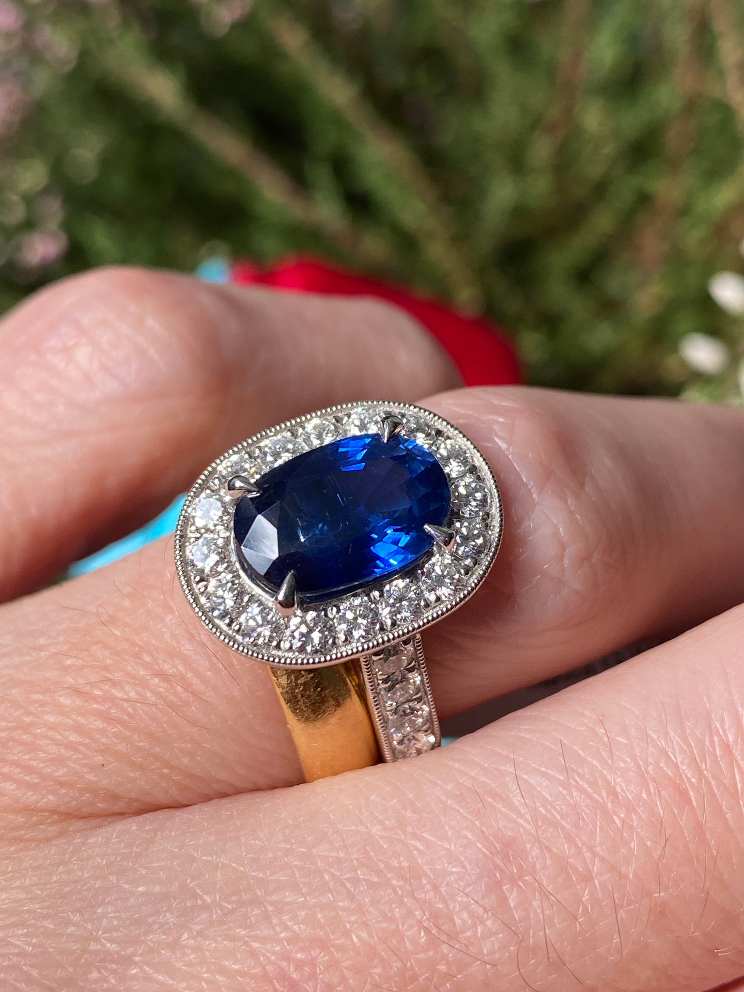 3.61 Carat Blue Ceylon Sapphire and Natural Diamond Halo Ring in Platinum