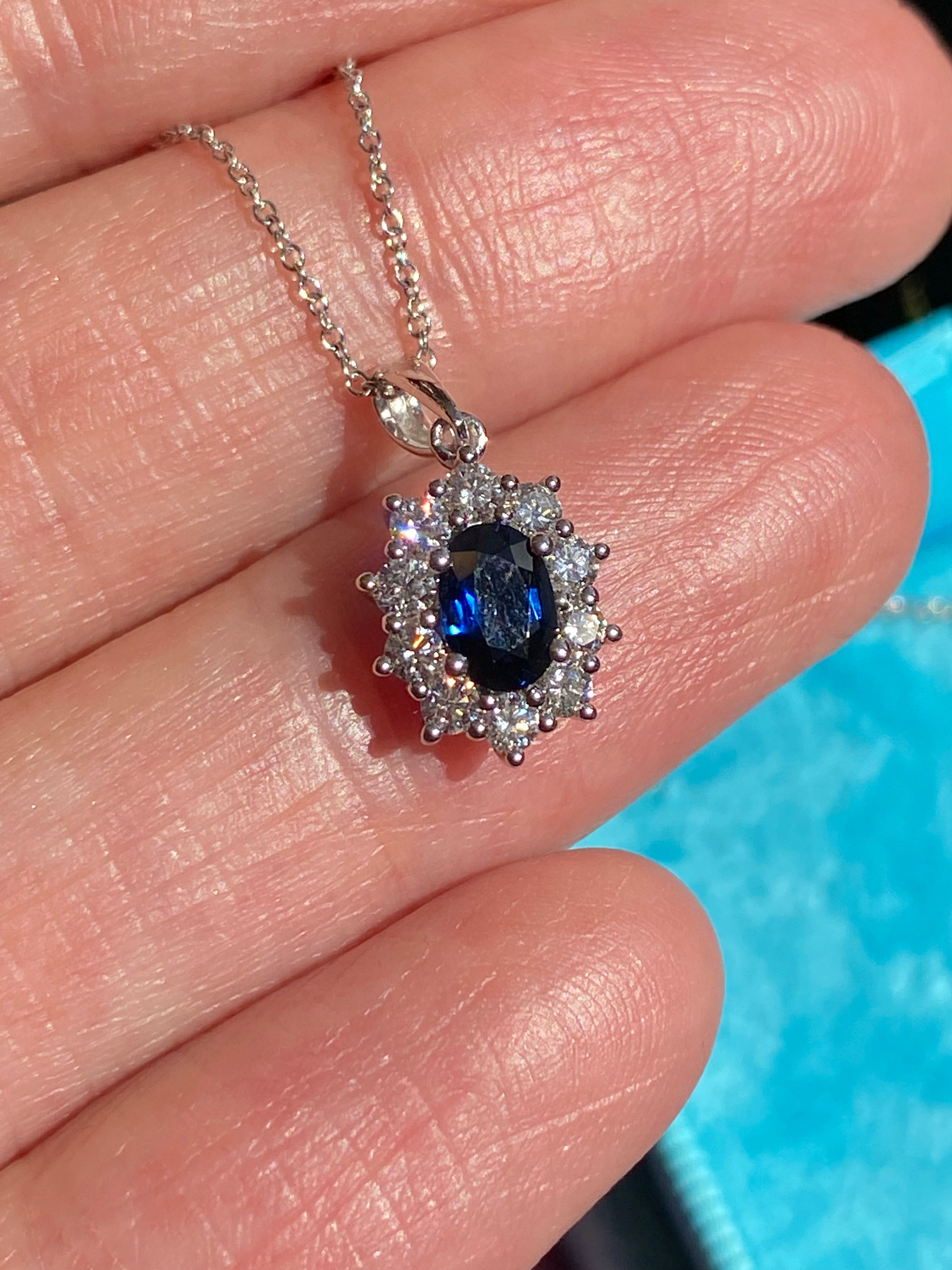 1.02 CTW Sapphire and Natural Diamond Pendant Necklace in 18ct White Gold