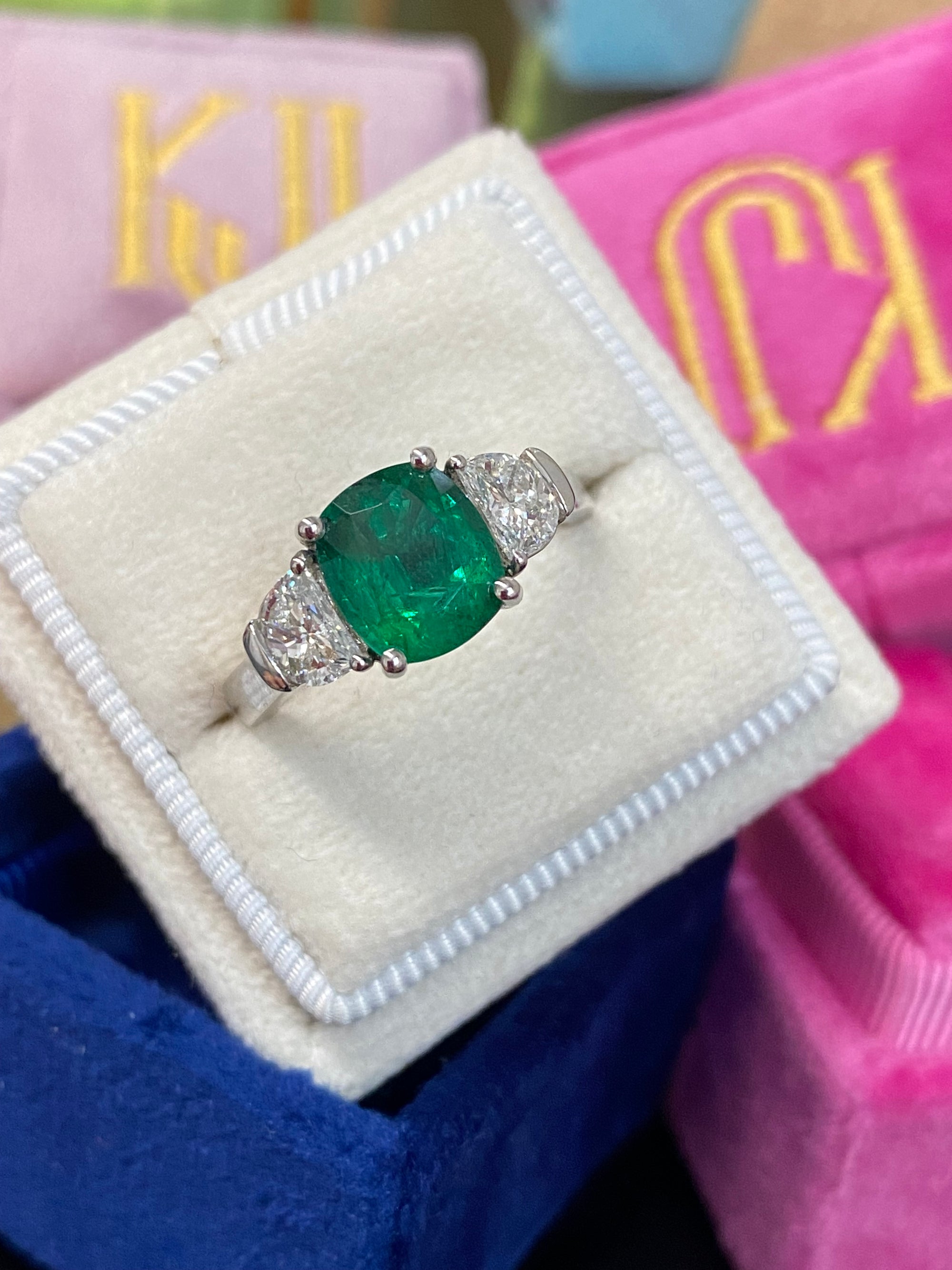 2.77 CTW Colombian Emerald and Natural Diamond Three Stone Engagement Ring Platinum