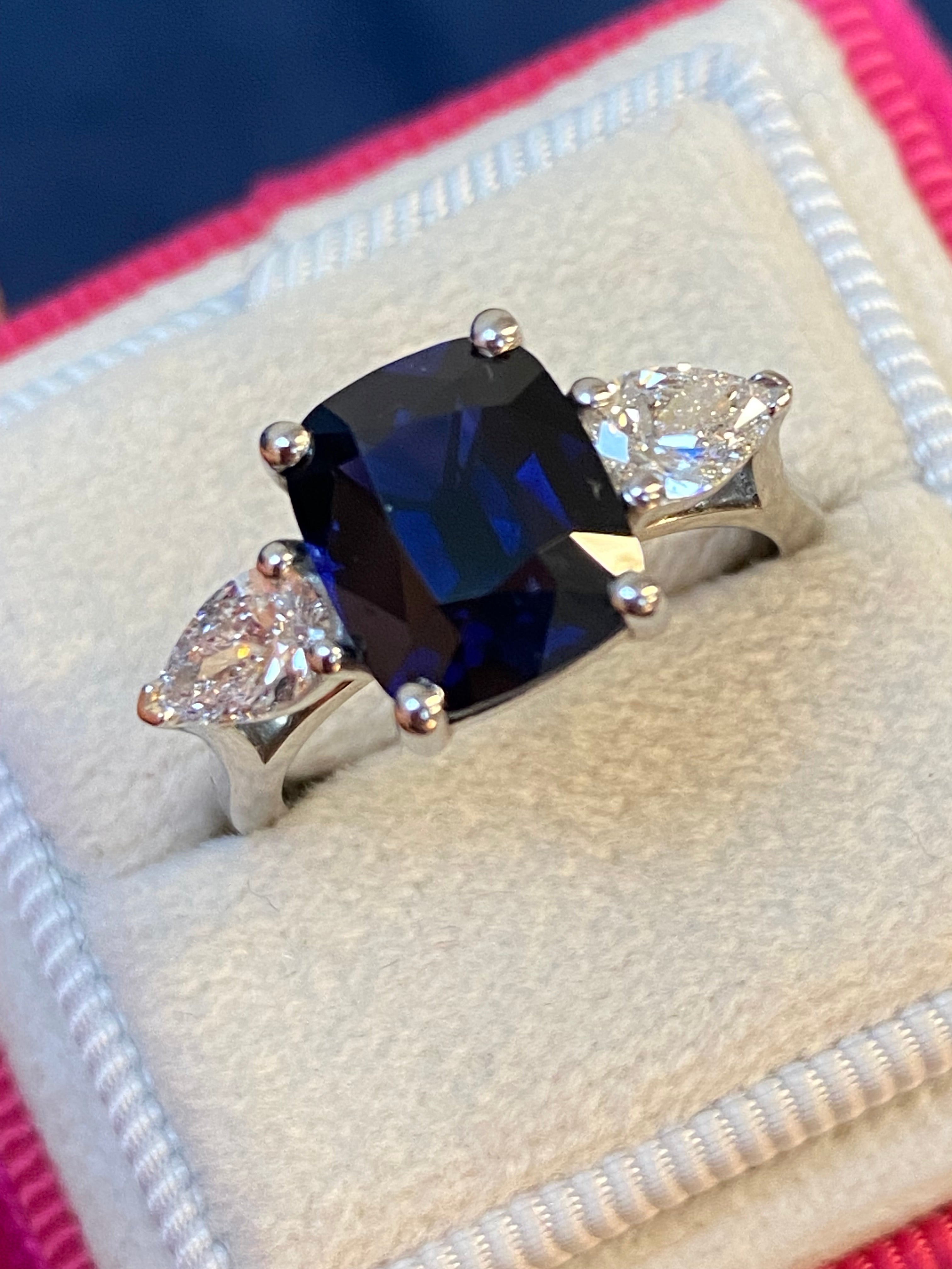 4.04 CTW Deep Blue Ceylon Sapphire and Natural Diamond Three Stone Engagement Ring in Platinum