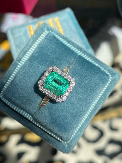 1.64 Carat Colombian Emerald and Natural Diamond Ring in 18ct White and Yellow Gold