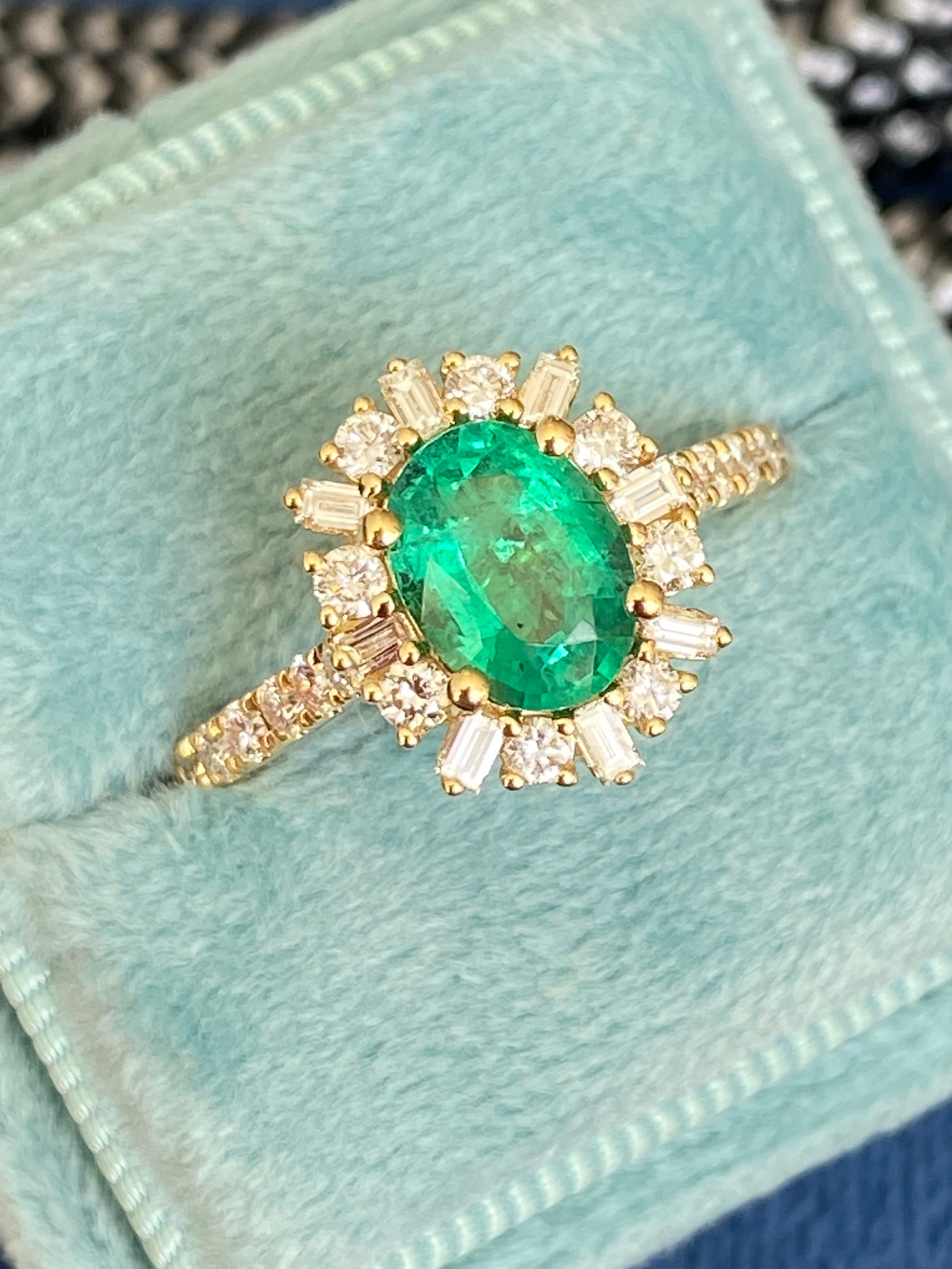 1.76 CTW Oval Cut Emerald and Natural Diamond Ring in 18ct Yellow Gold