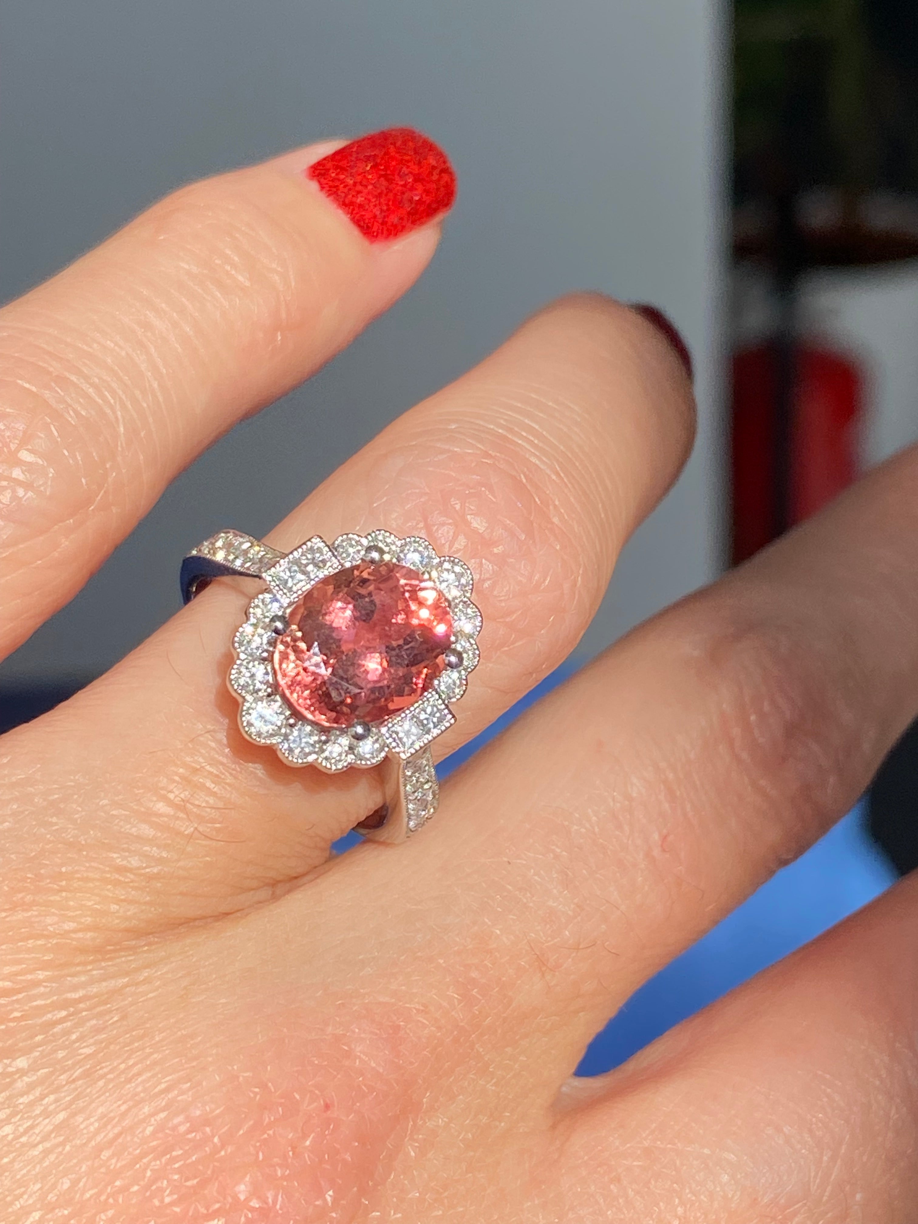 3.69 CTW Rose Tourmaline and Natural Diamond Halo Ring in Platinum