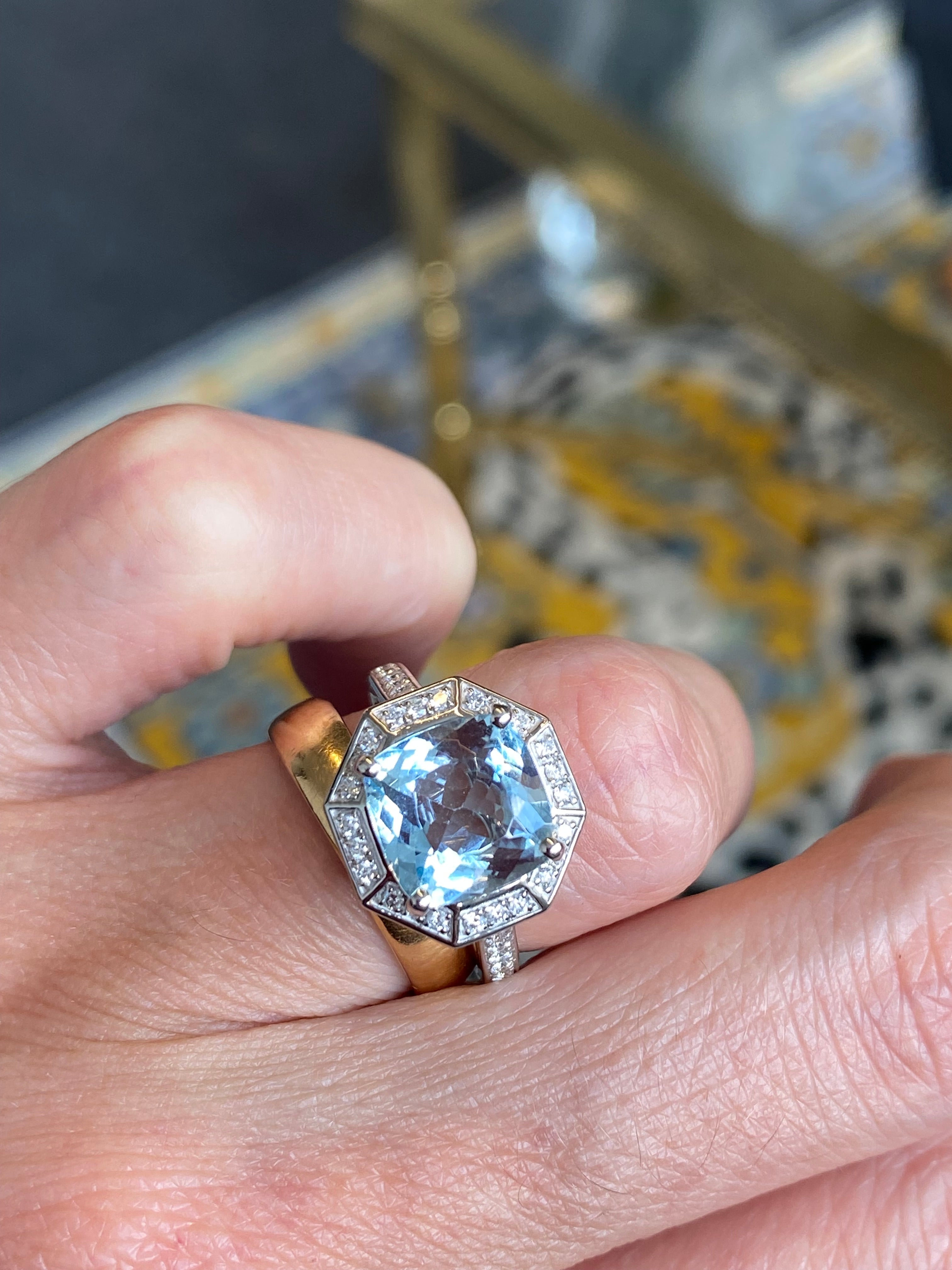 3.03 CTW Cushion Cut Art Deco Style Aquamarine and Natural Diamond Halo Engagement Ring in Platinum