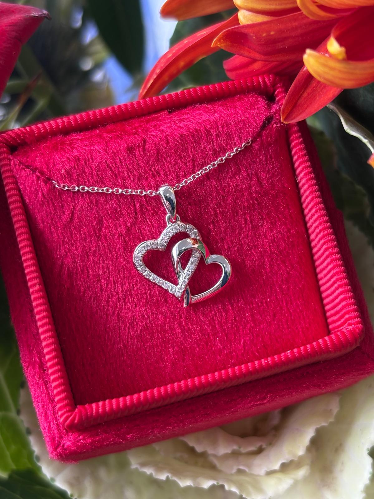 Beautiful Natural Diamond Pendant Double Heart Necklace in 18ct White Gold