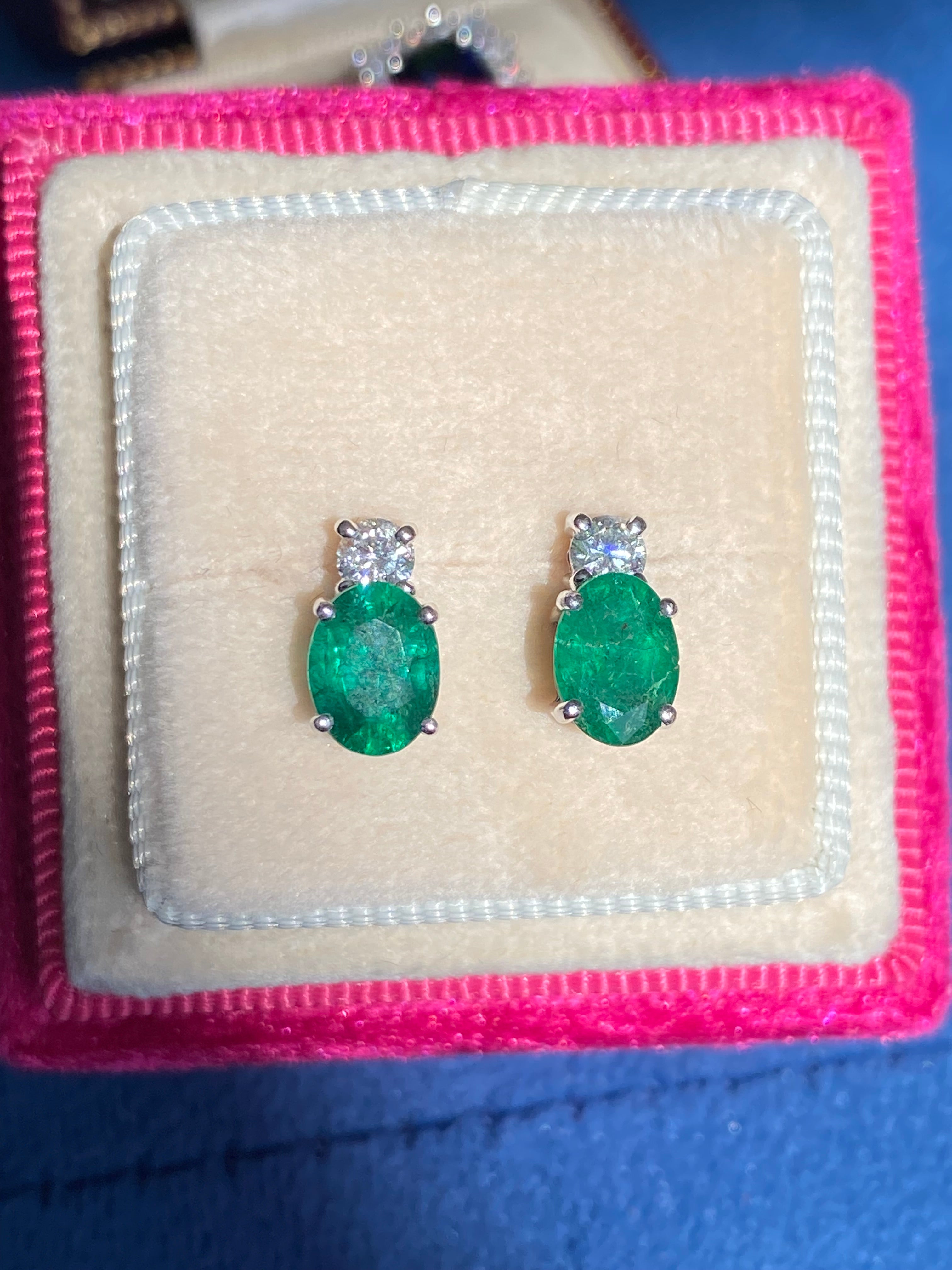 2.17 CTW Emerald and Natural Diamond Stud Earrings in 18ct White Gold