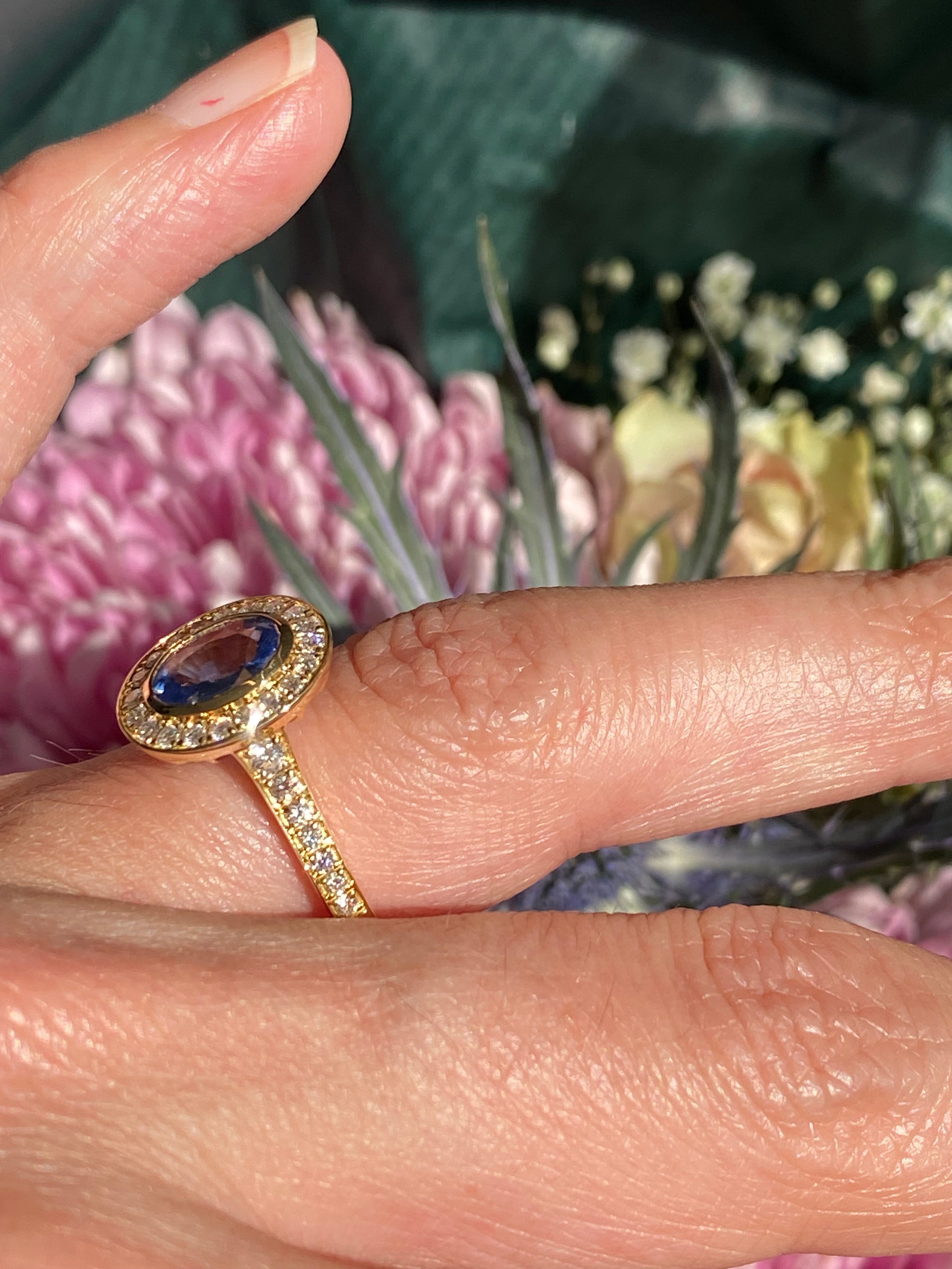 1.64 CTW Violet Sapphire and Natural Diamond Halo Ring in 18ct Yellow Gold