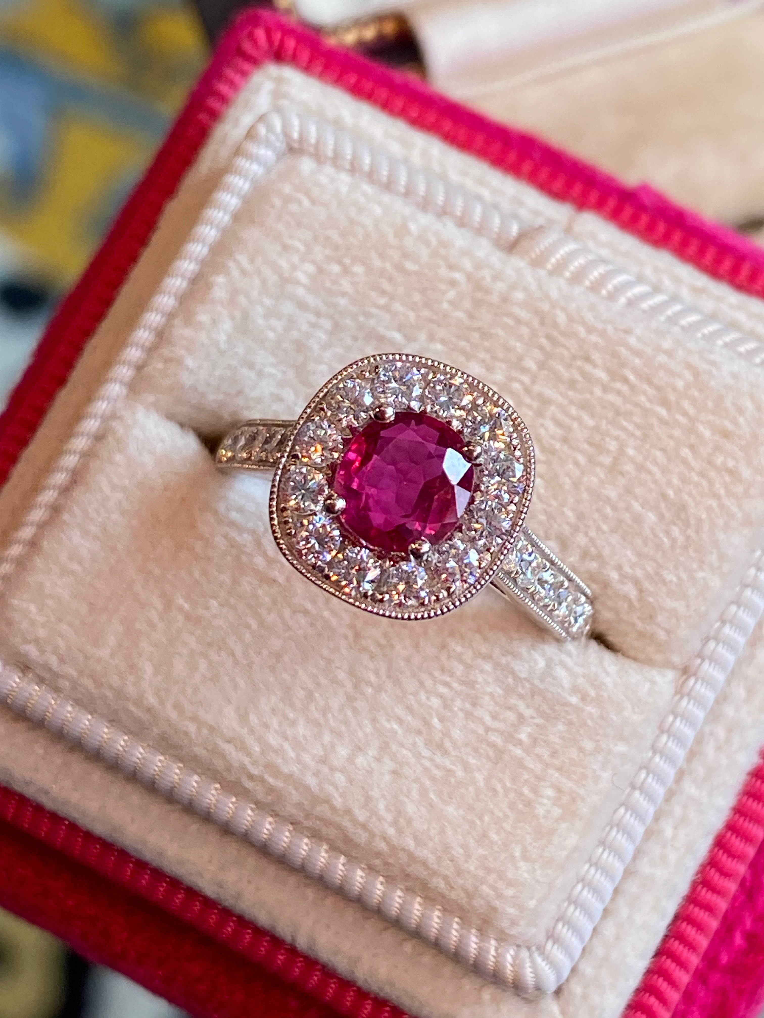 1.89 CTW Oval-Cut Ruby and Natural Diamond Halo Ring in Platinum