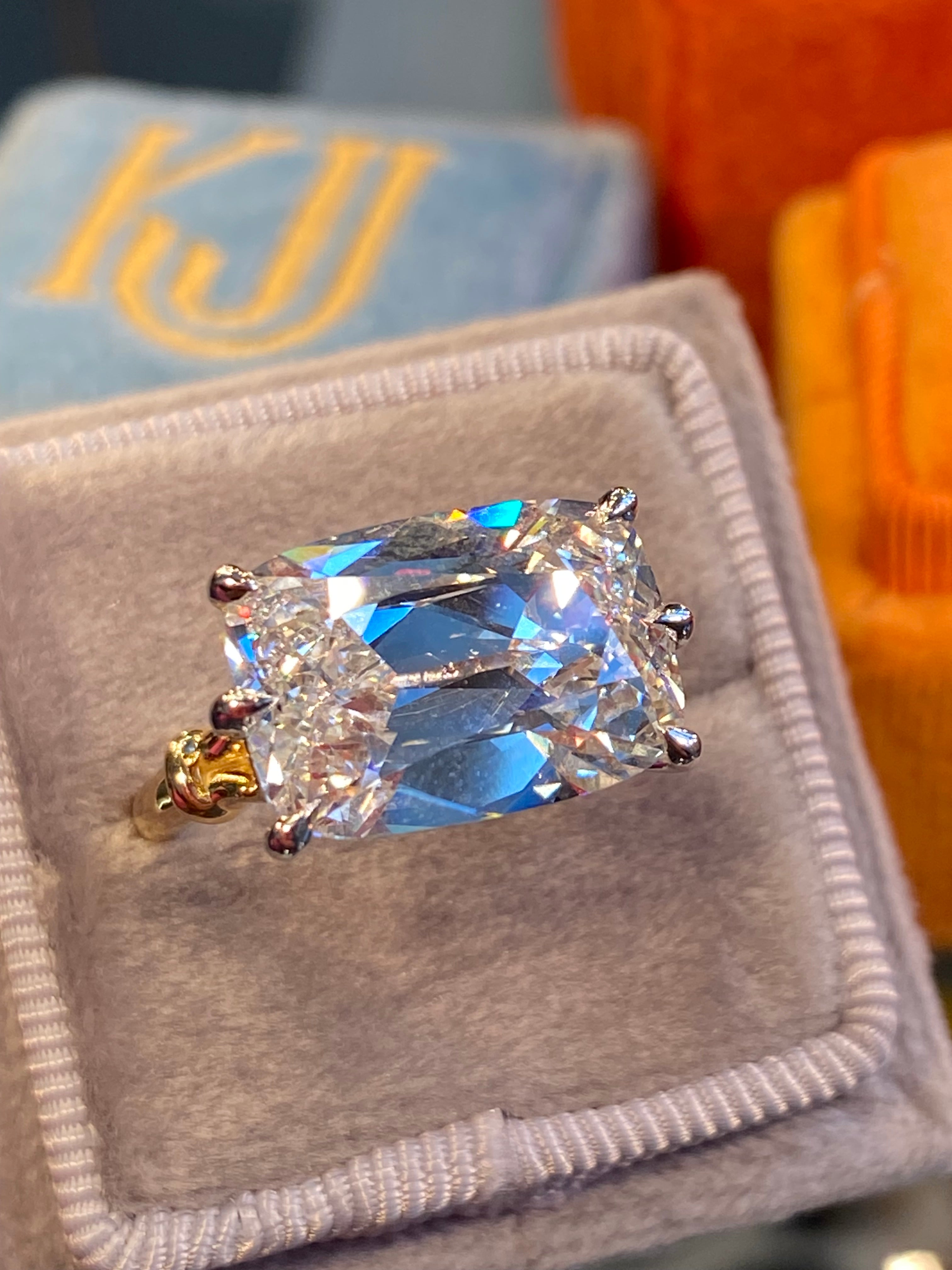 8.09 Carat Old Mine Cut Lab Diamond East West Solitaire Engagement Ring in 18ct Yellow Gold and Platinum