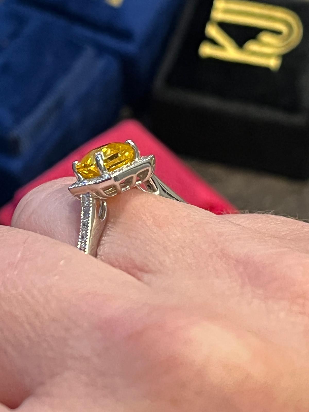 2.06 Carat Yellow Sapphire and Natural Diamond Halo Ring in Platinum
